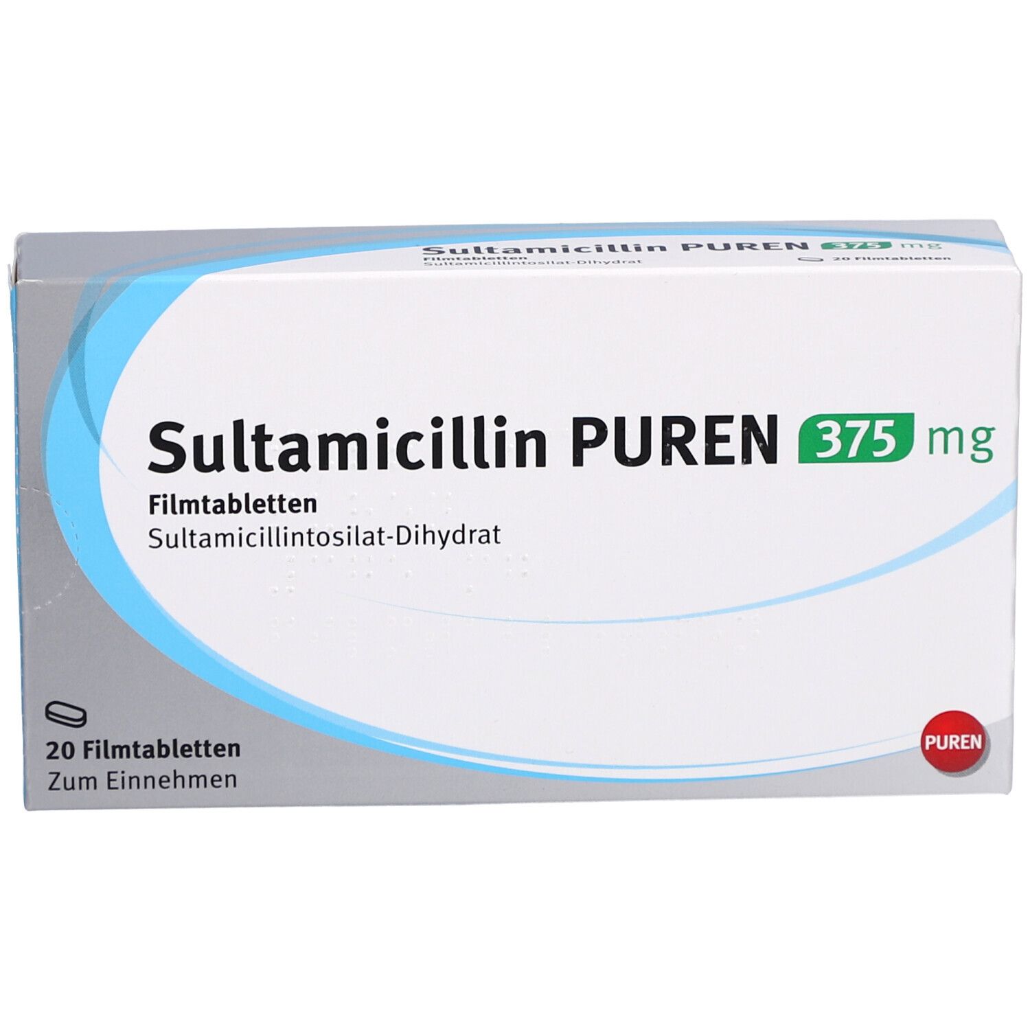 Schachtel SULTAMICILLIN PUREN 375 mg. Enthält 20 Filmtabletten. Blaue und grüne Akzente auf weißem Hintergrund.