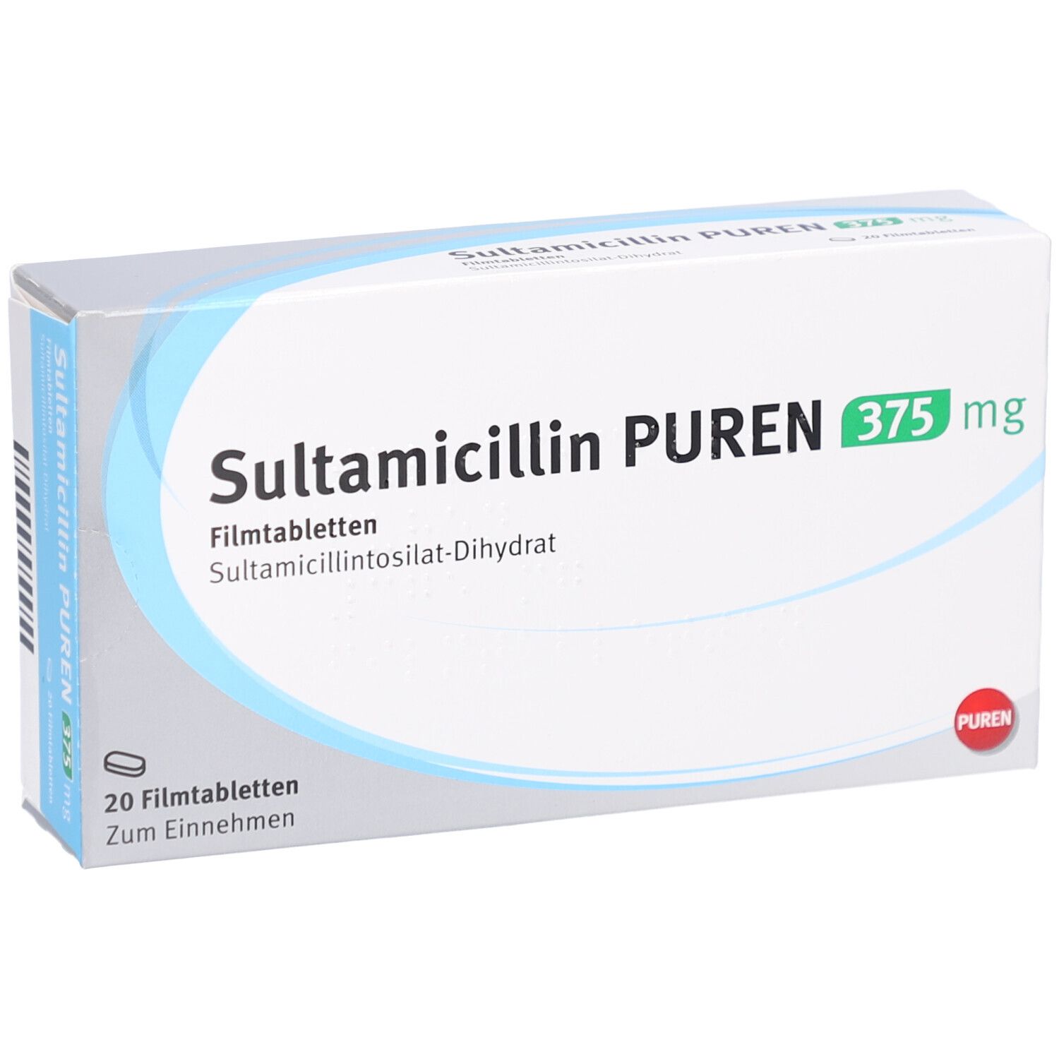 Schachtel SULTAMICILLIN PUREN 375 mg. Enthält 20 Filmtabletten. Blaue und grüne Akzente auf weißem Hintergrund.