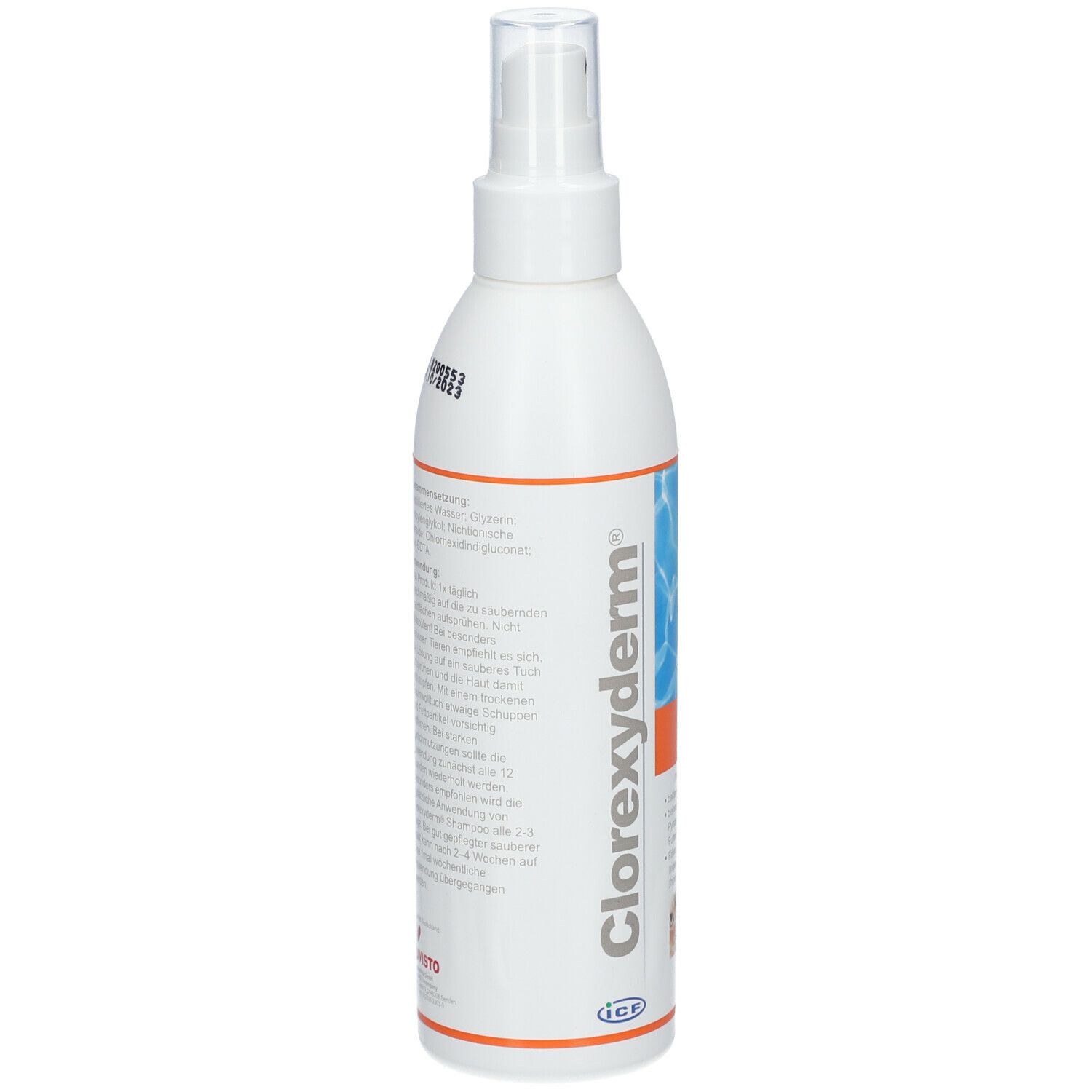 Weiße Sprühflasche mit transparentem Sprühkopf. Text: Clorexyderm®. Aufdrucke mit Inhaltsstoffen und Anwendungshinweisen.