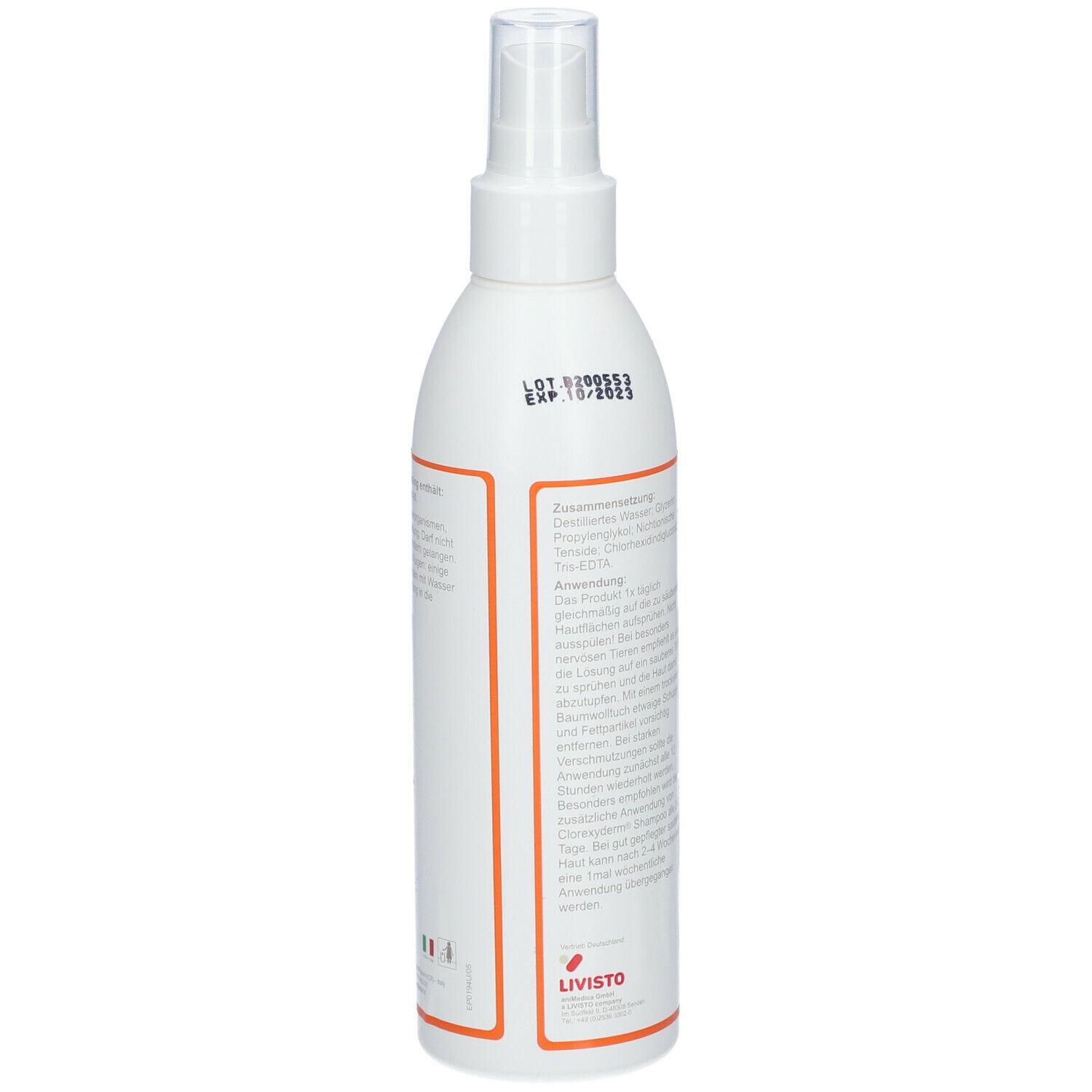 Weiße Sprühflasche mit transparentem Sprühkopf. Text: Zusammensetzung, Anwendung. Aufdrucke mit Inhaltsstoffen und Anwendungshinweisen.