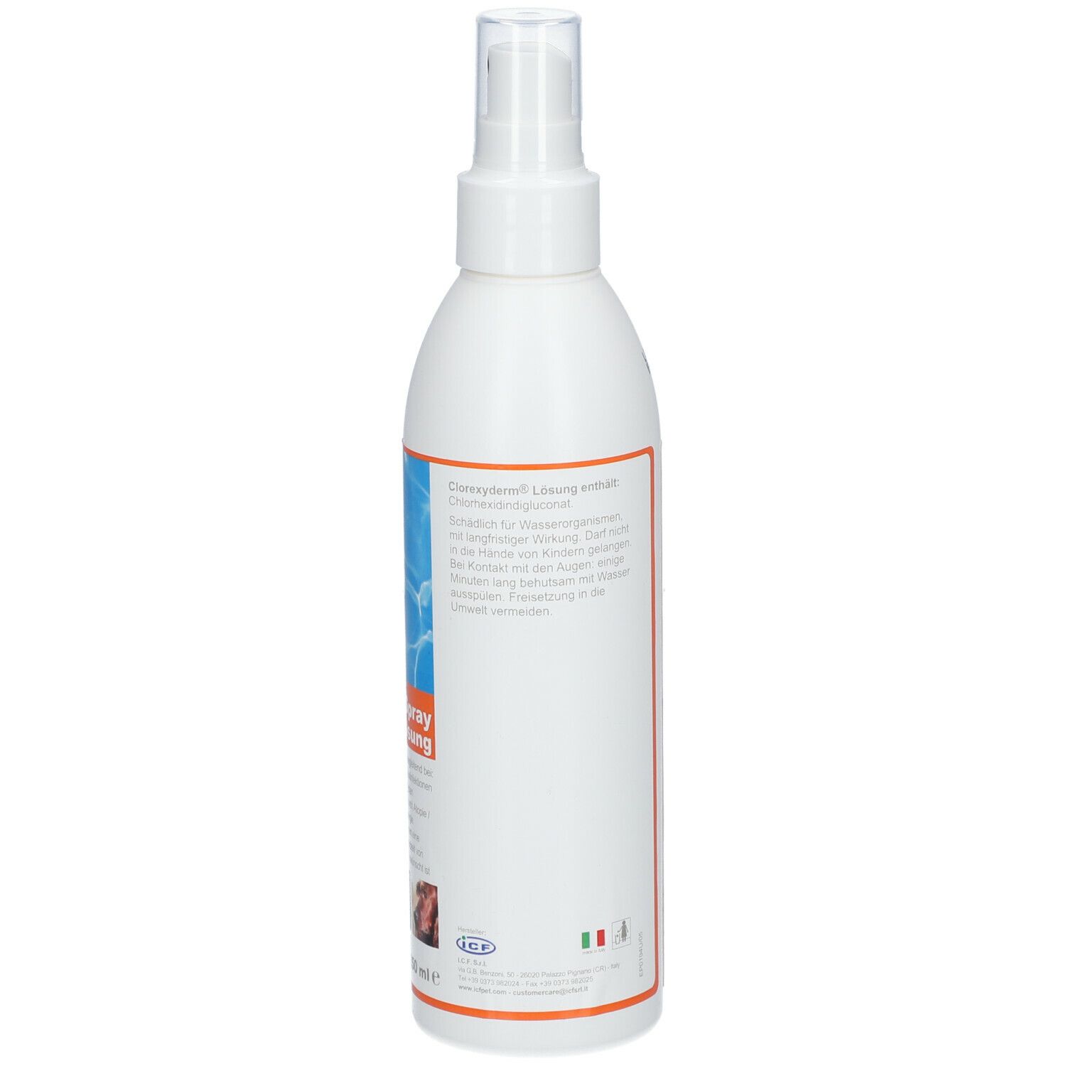 Weiße Sprühflasche mit transparentem Sprühkopf. Text: Clorexyderm® Lösung. Aufdrucke mit Inhaltsstoffen und Anwendungshinweisen.