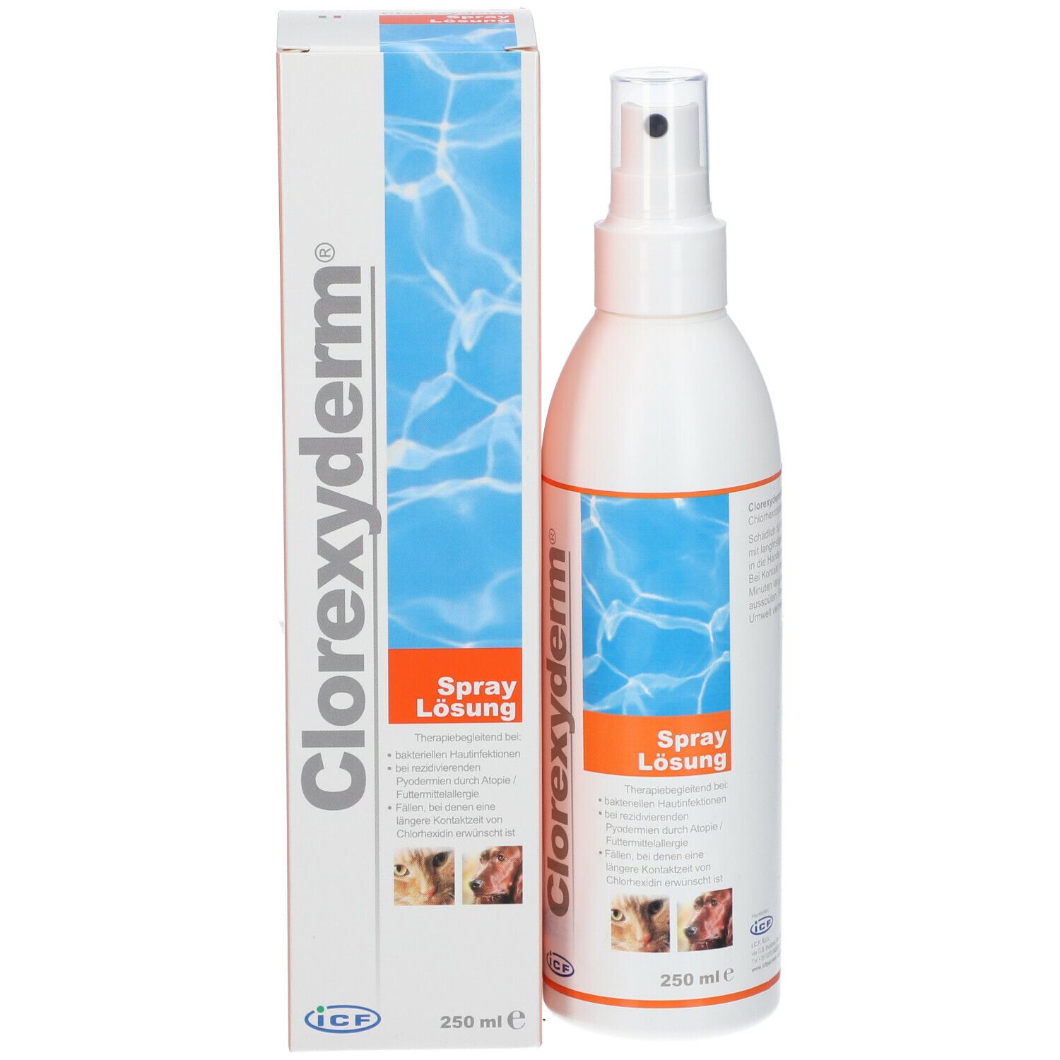 Produktverpackung mit Sprühflasche. Text: Clorexyderm®, Spray Lösung. Abbildung von Tieren. Volumen: 250 ml.