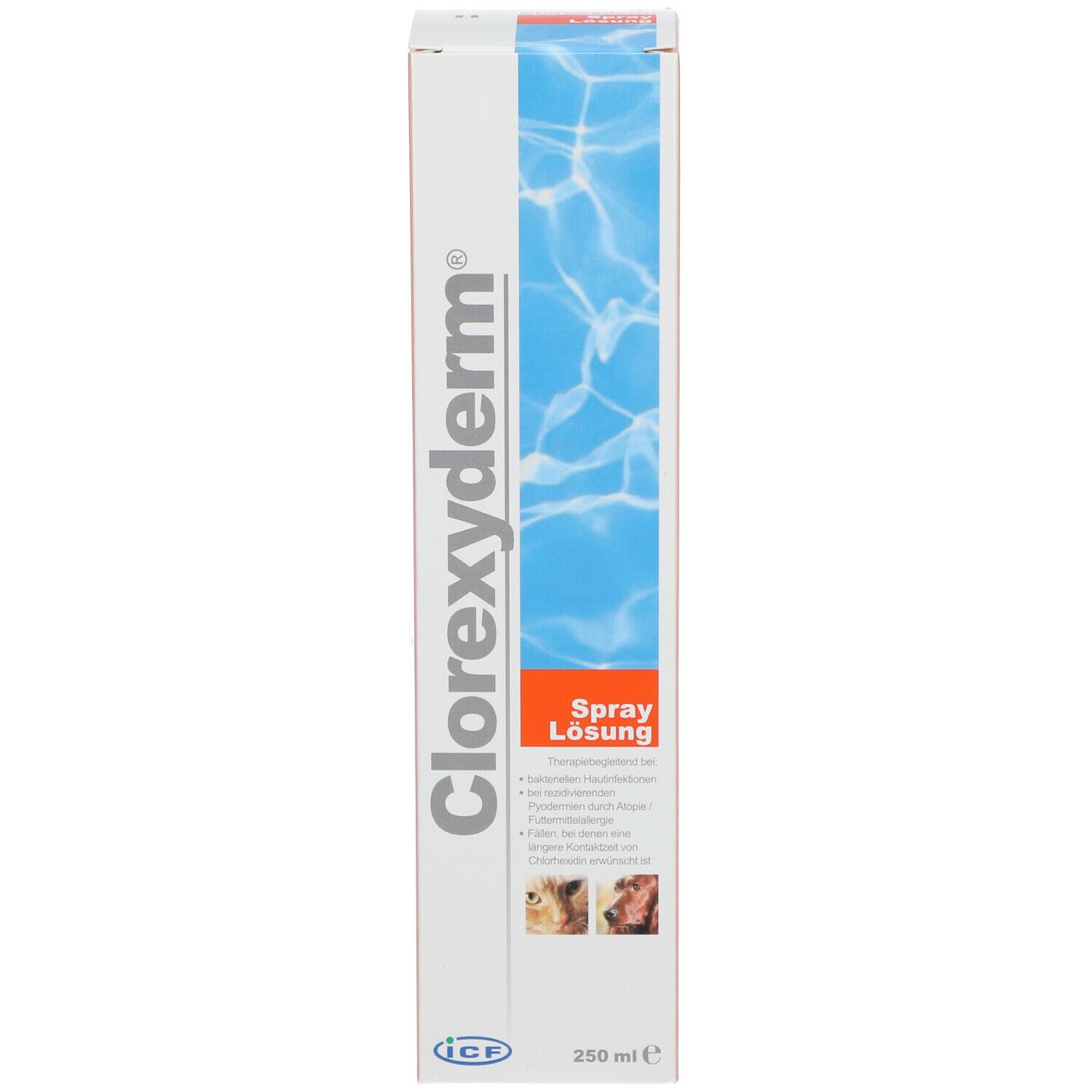 Produktverpackung. Text: Clorexyderm®, Spray Lösung. Abbildung von Tieren. Volumen: 250 ml.