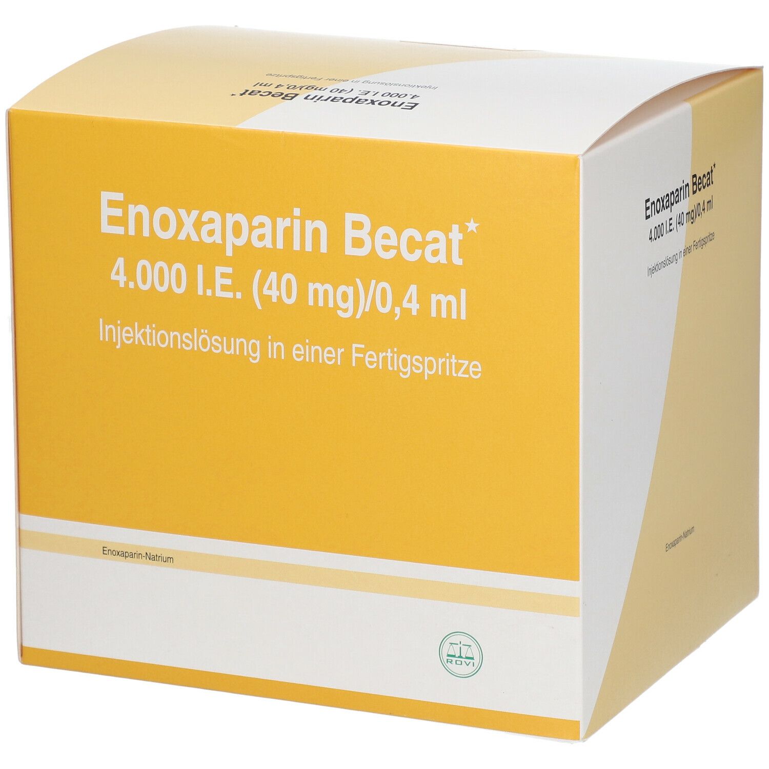 Gelbe Schachtel mit weißer Schrift: Enoxaparin Becat, 4.000 I.E. (40 mg)/0,4 ml. Injektionslösung in Fertigspritze.