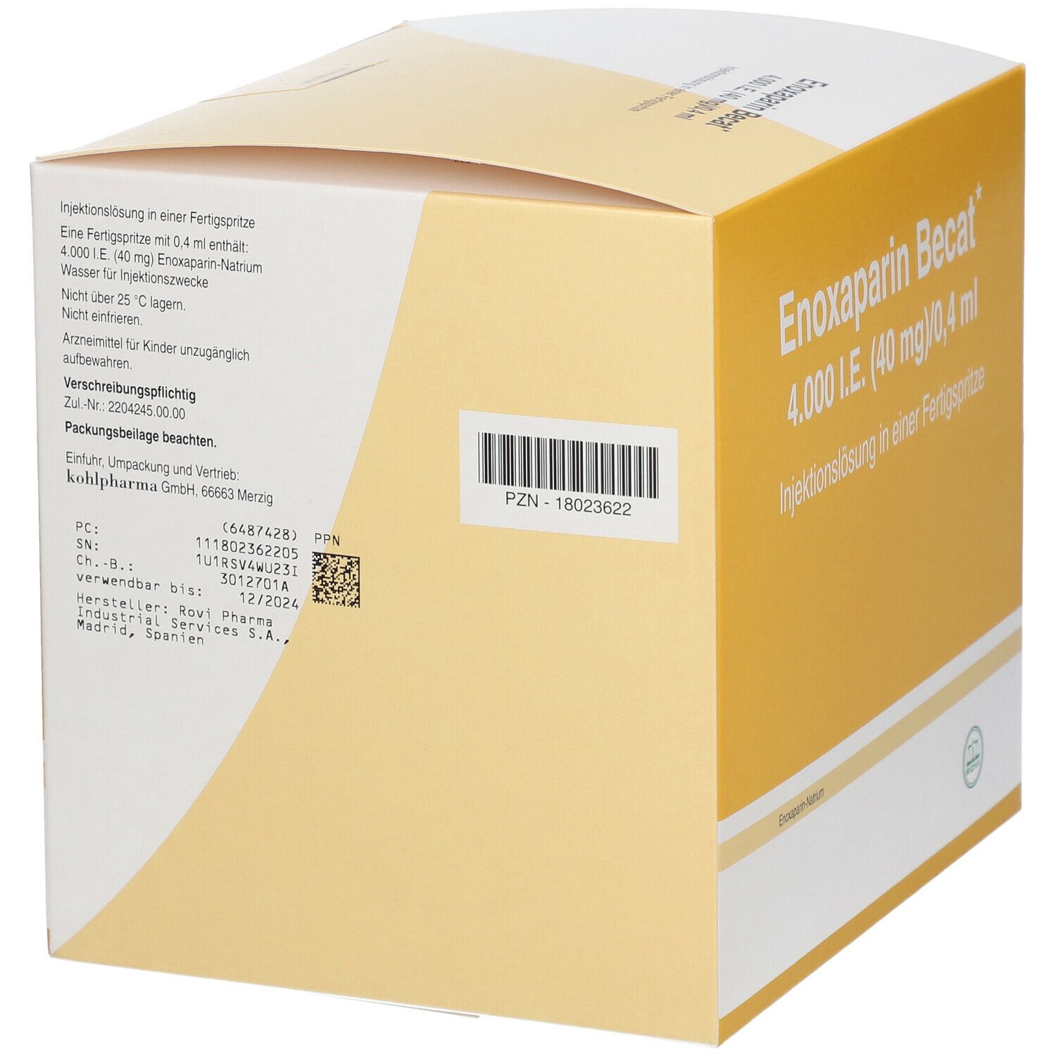 Rückseite der gelben Schachtel. Barcode und Text: PZN-18023622. Informationen zur Herstellung und Haltbarkeit.