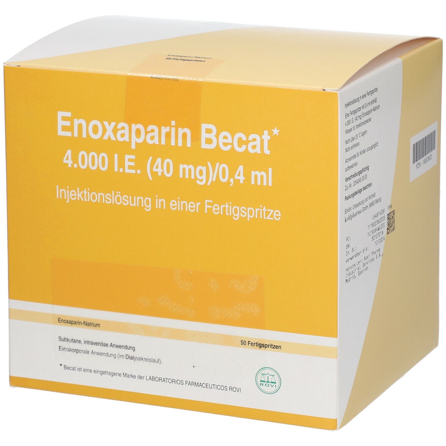 Gelbe Schachtel mit weißer Schrift: Enoxaparin Becat, 4.000 I.E. (40 mg)/0,4 ml. 50 Fertigspritzen.