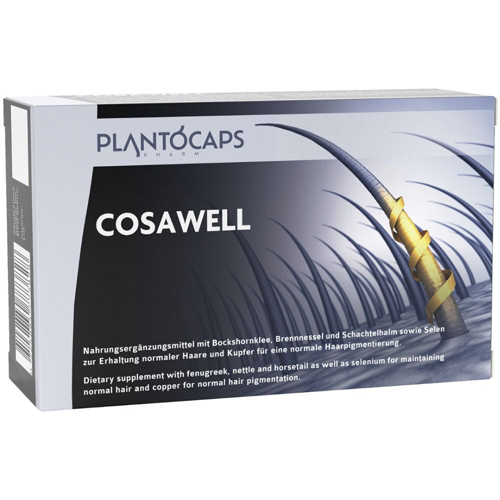 COSAWELL®-Verpackung mit Darstellung von Haarwurzeln und Text 'Nahrungsergänzungsmittel'.