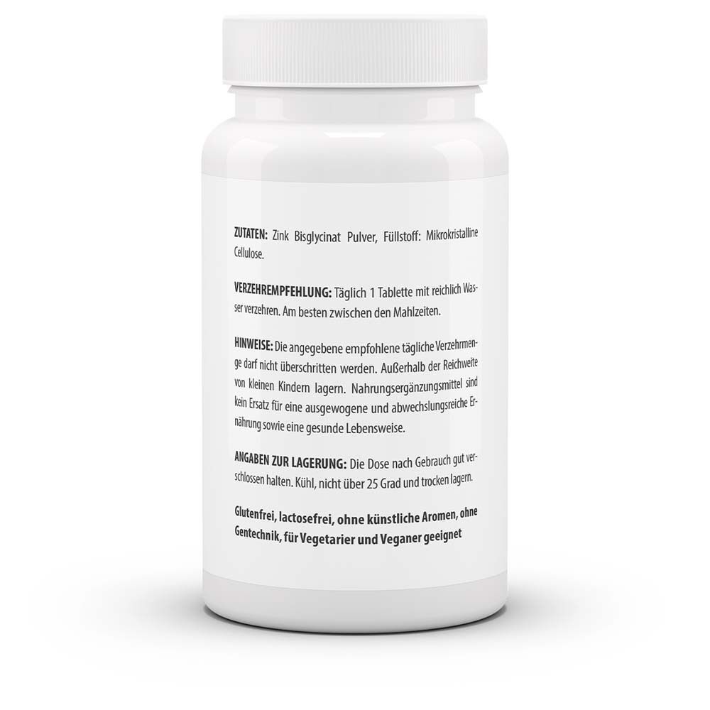 Rückseite der weißen Flasche. Angaben zu Inhaltsstoffen, Verzehrempfehlung, Hinweise, Lagerung. Glutenfrei, vegan.