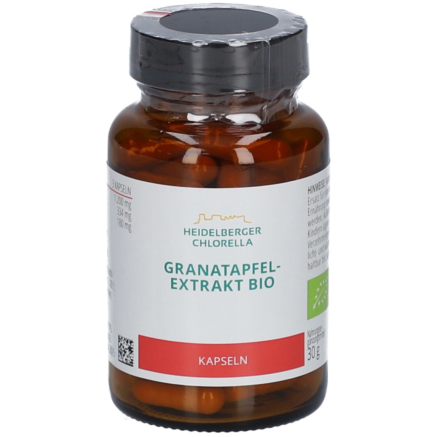 Braune Kapseln in einer braunen Glasflasche mit schwarzem Deckel. Aufschrift: Heidelberger Chlorella, Granatapfel-Extrakt BIO, Kapseln.