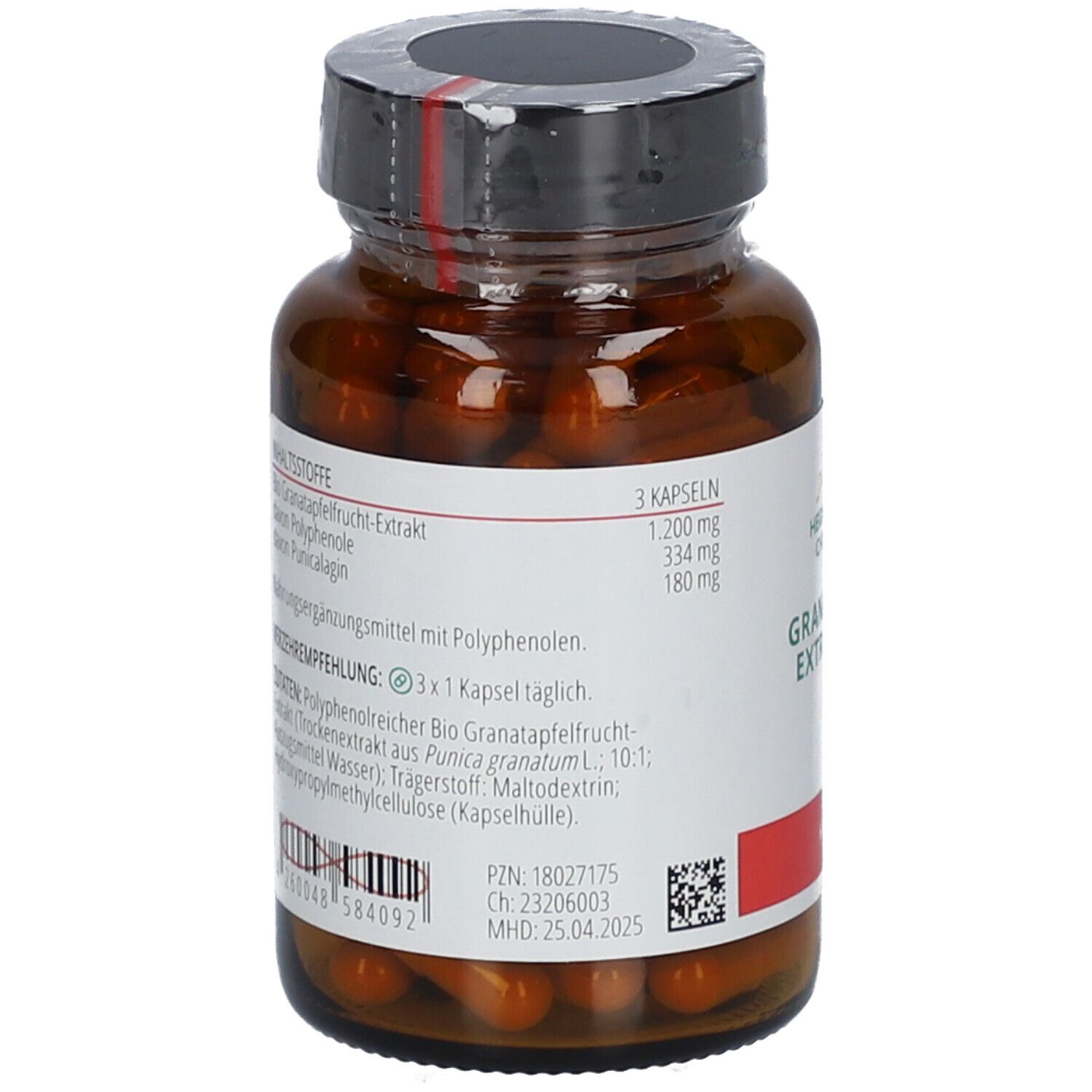 Rückansicht einer braunen Glasflasche mit Kapseln. Aufschrift: Heidelberger Chlorella, Granatapfel-Extrakt BIO. Etikett mit Inhaltsstoffen und Verzehrempfehlung.