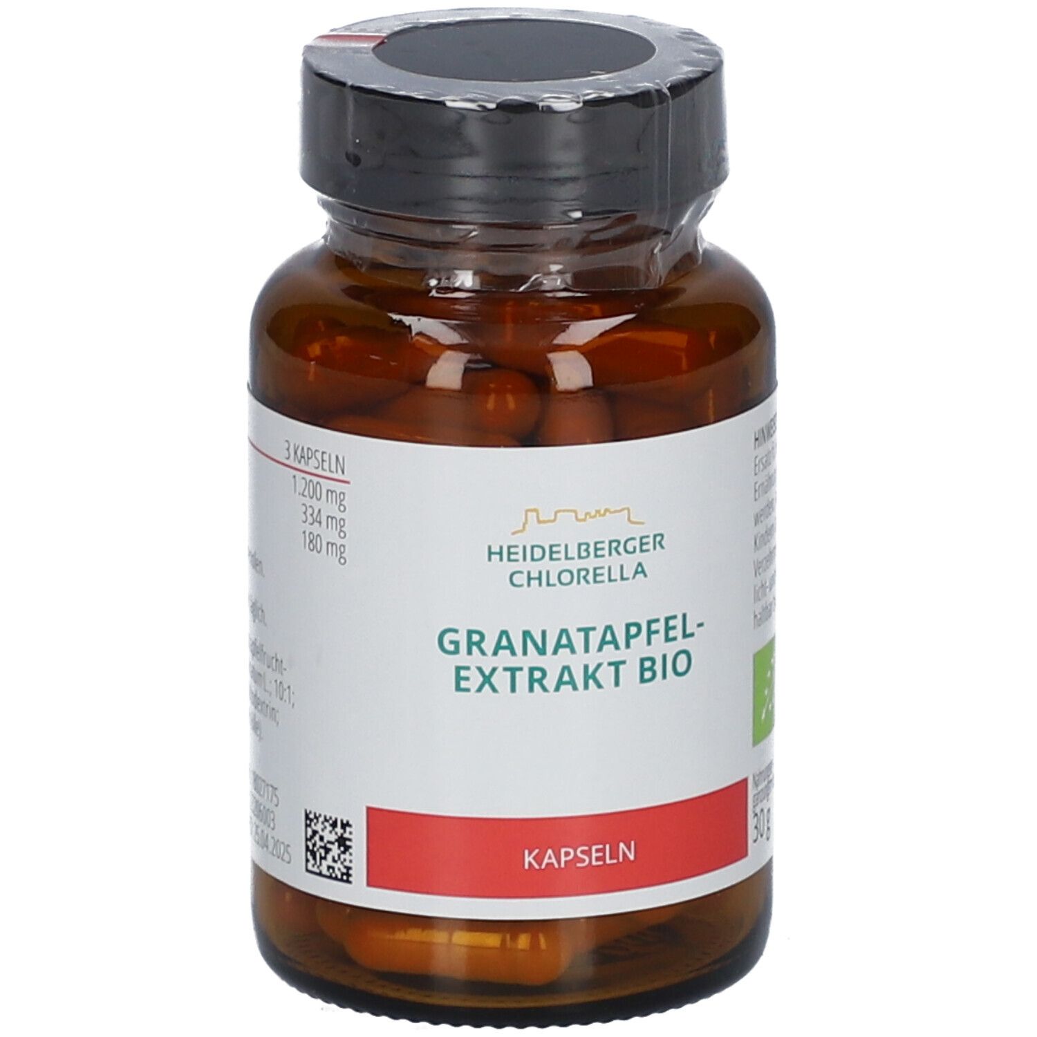 Braune Kapseln in einer braunen Glasflasche mit schwarzem Deckel. Aufschrift: Heidelberger Chlorella, Granatapfel-Extrakt BIO, Kapseln. Bio-Siegel.
