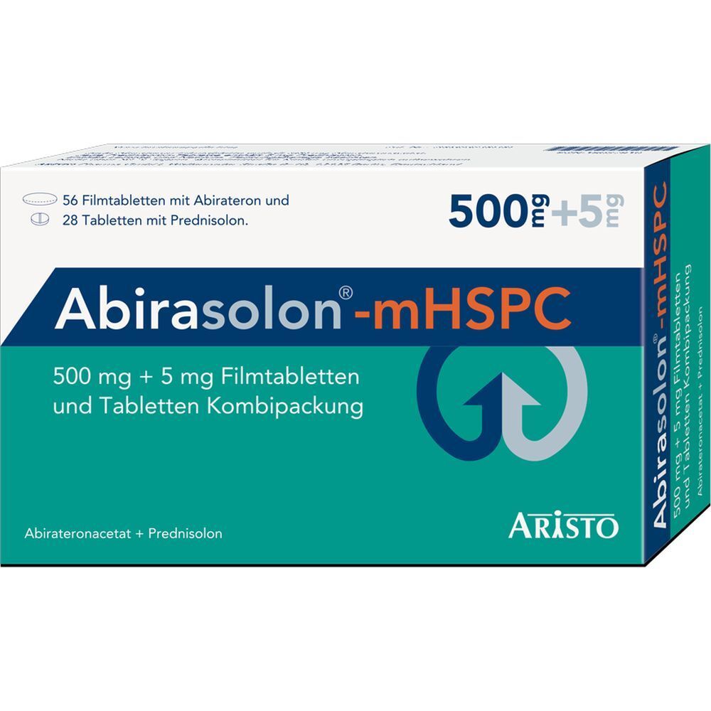 Kombipackung Abirasolon-mHSPC. 56 Filmtabletten, 28 Tabletten. 500mg + 5mg. Aristo-Logo. Weiße und blaue Verpackung.