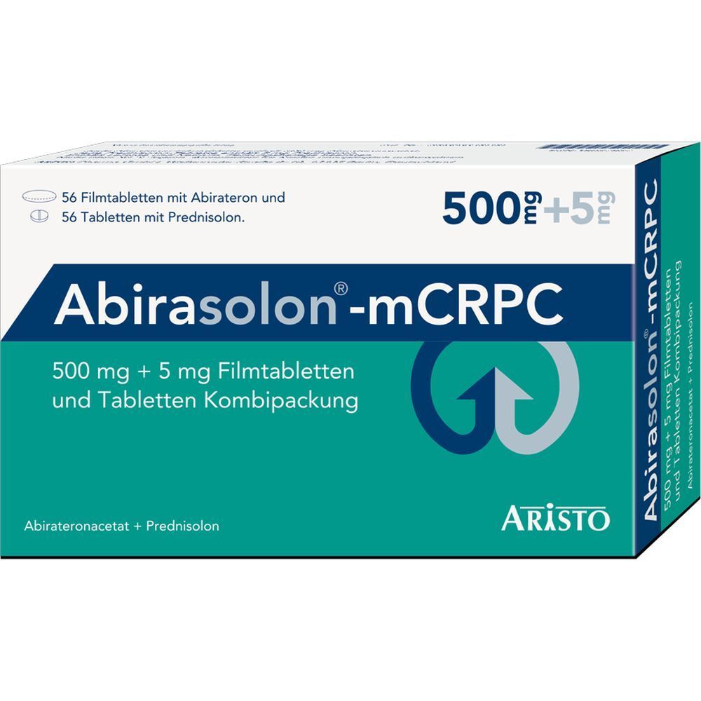 Kombipackung Abirasolon-mCRPC. Enthält 56 Filmtabletten mit Abirateron und 56 Tabletten mit Prednisolon. Aufschrift: 500 mg + 5 mg. Marke: ARISTO.