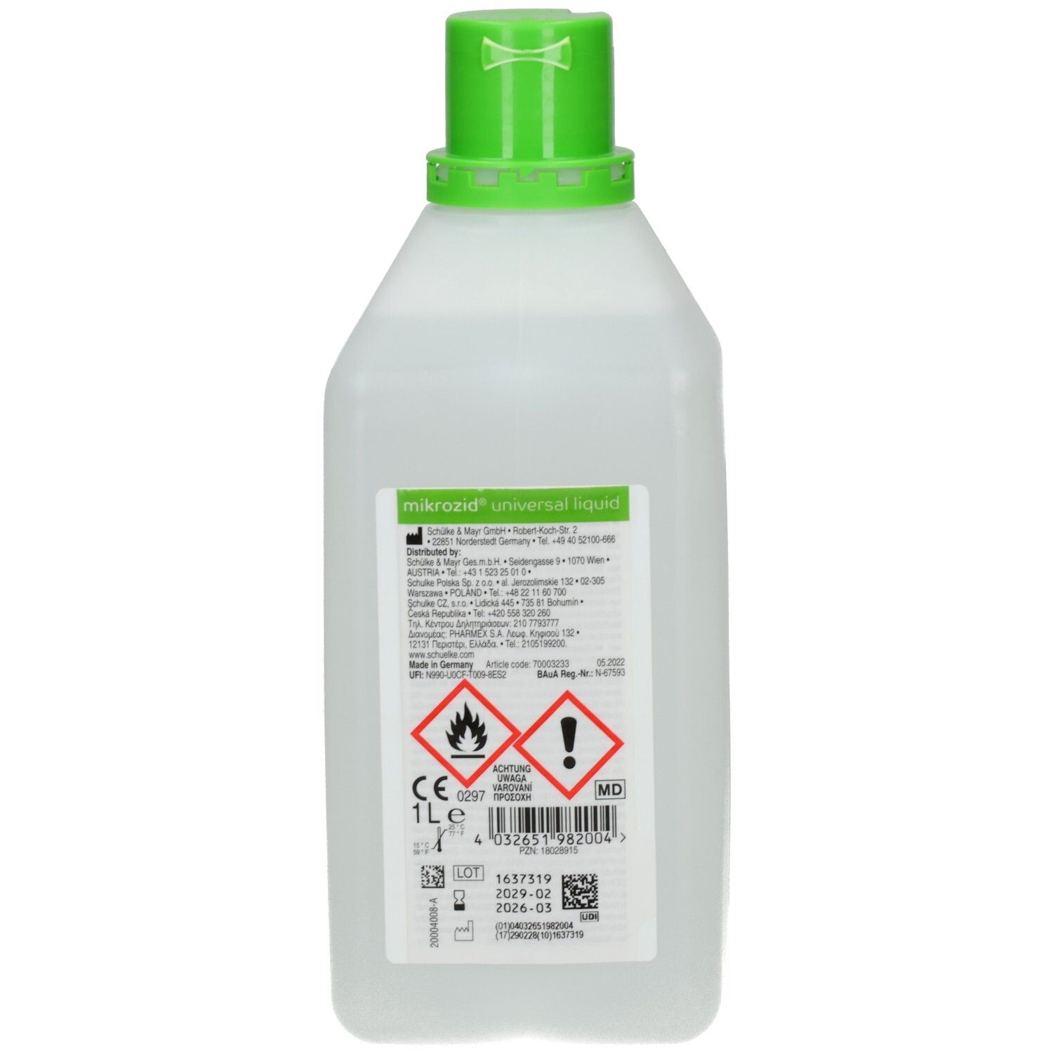 Rückseite der Schülke Mikrozid Universal Liquid Flasche, 1 Liter. Enthält Gefahrensymbole und CE-Kennzeichnung.
