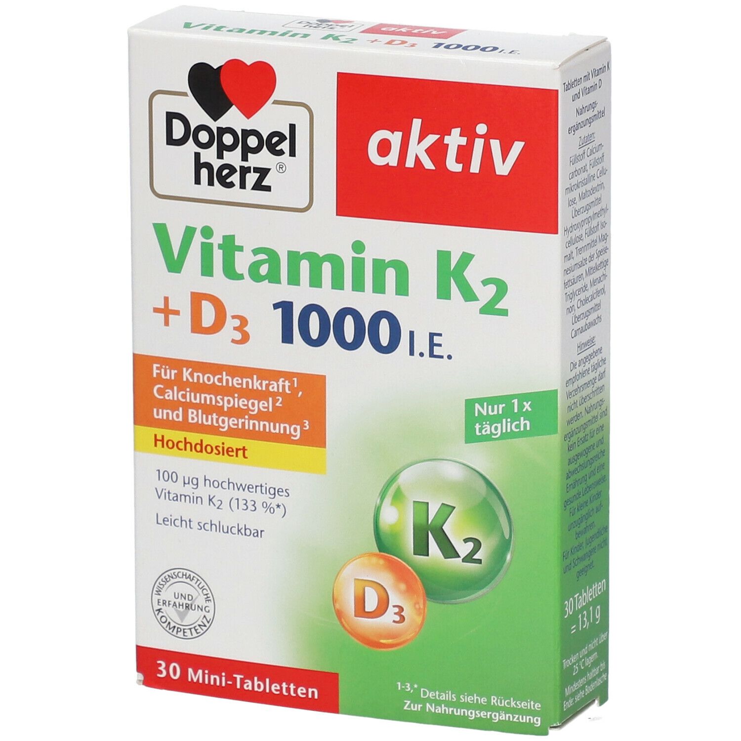 Verpackung von Doppelherz aktiv Vitamin K2 + D3 1000 I.E. mit Produktinformationen. 30 Mini-Tabletten.