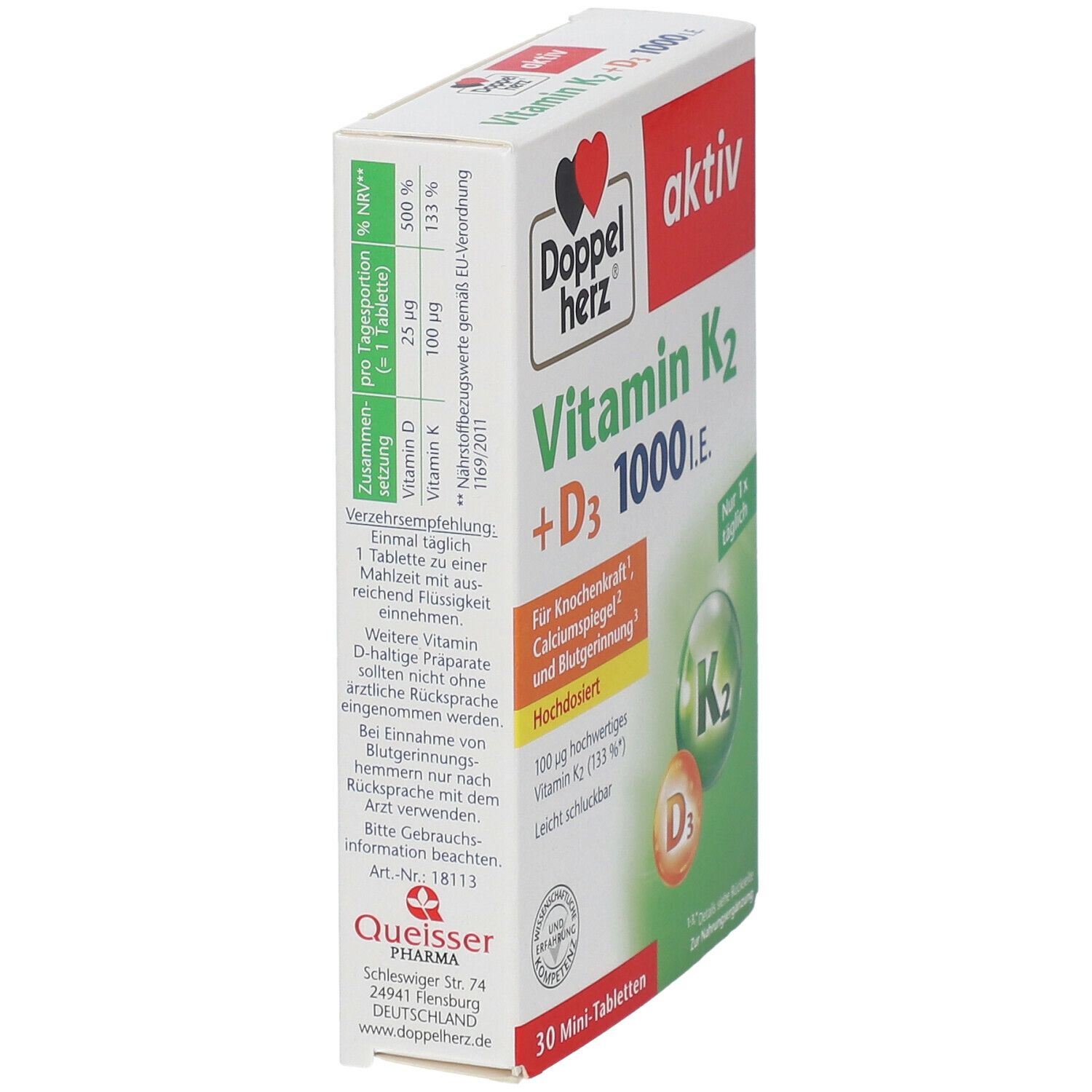 Seitenansicht der Verpackung von Doppelherz aktiv Vitamin K2 + D3 1000 I.E. mit Inhaltsangaben und Dosierung.