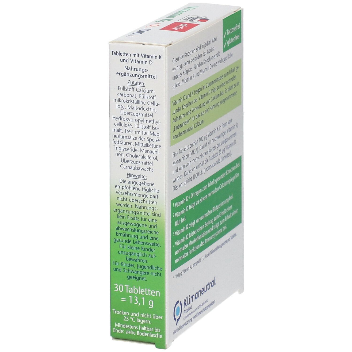 Seitenansicht der Verpackung von Doppelherz aktiv Vitamin K2 + D3 1000 I.E. mit Inhaltsstoffen und Warnhinweisen.