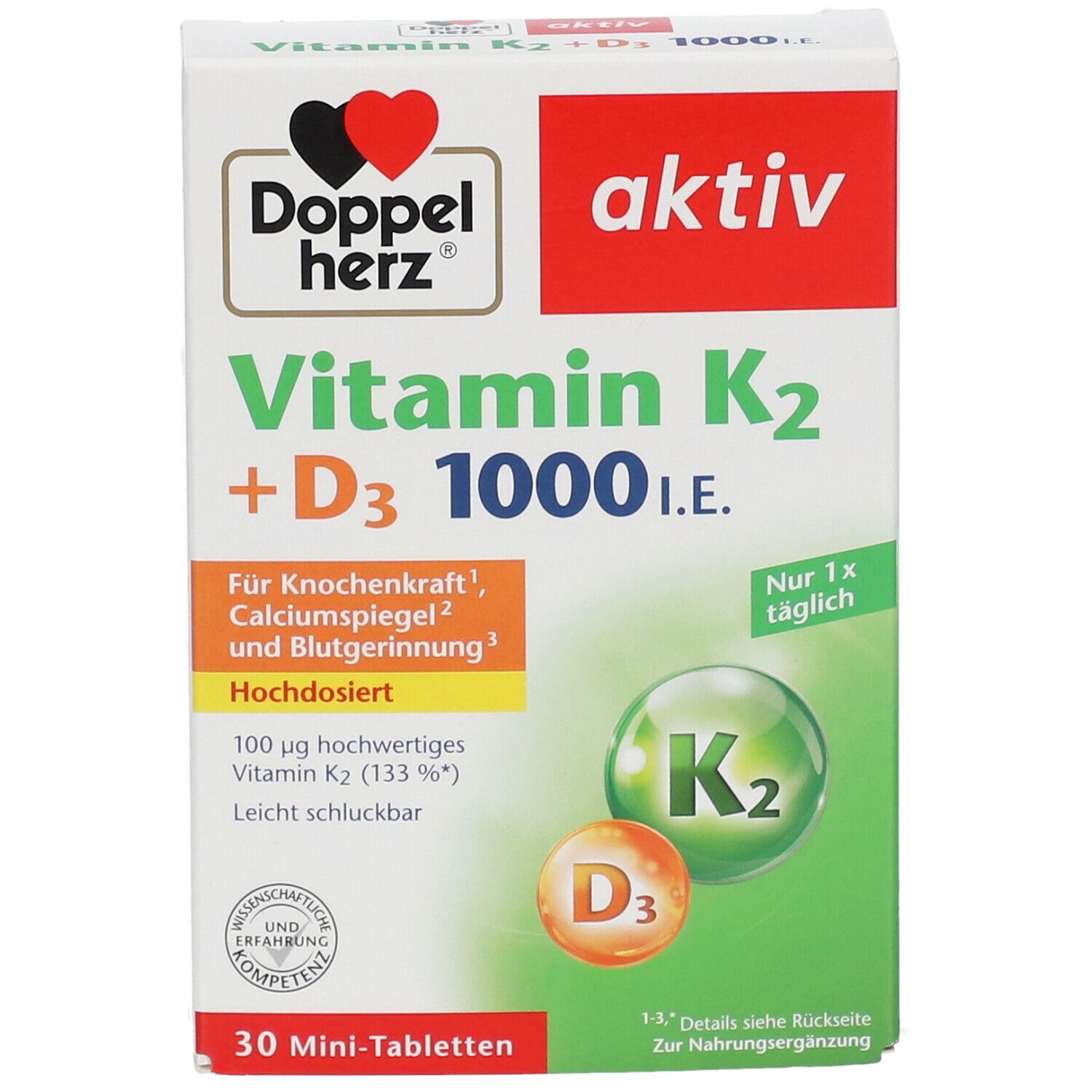 Verpackung von Doppelherz aktiv Vitamin K2 + D3 1000 I.E. mit Produktinformationen. 30 Mini-Tabletten.