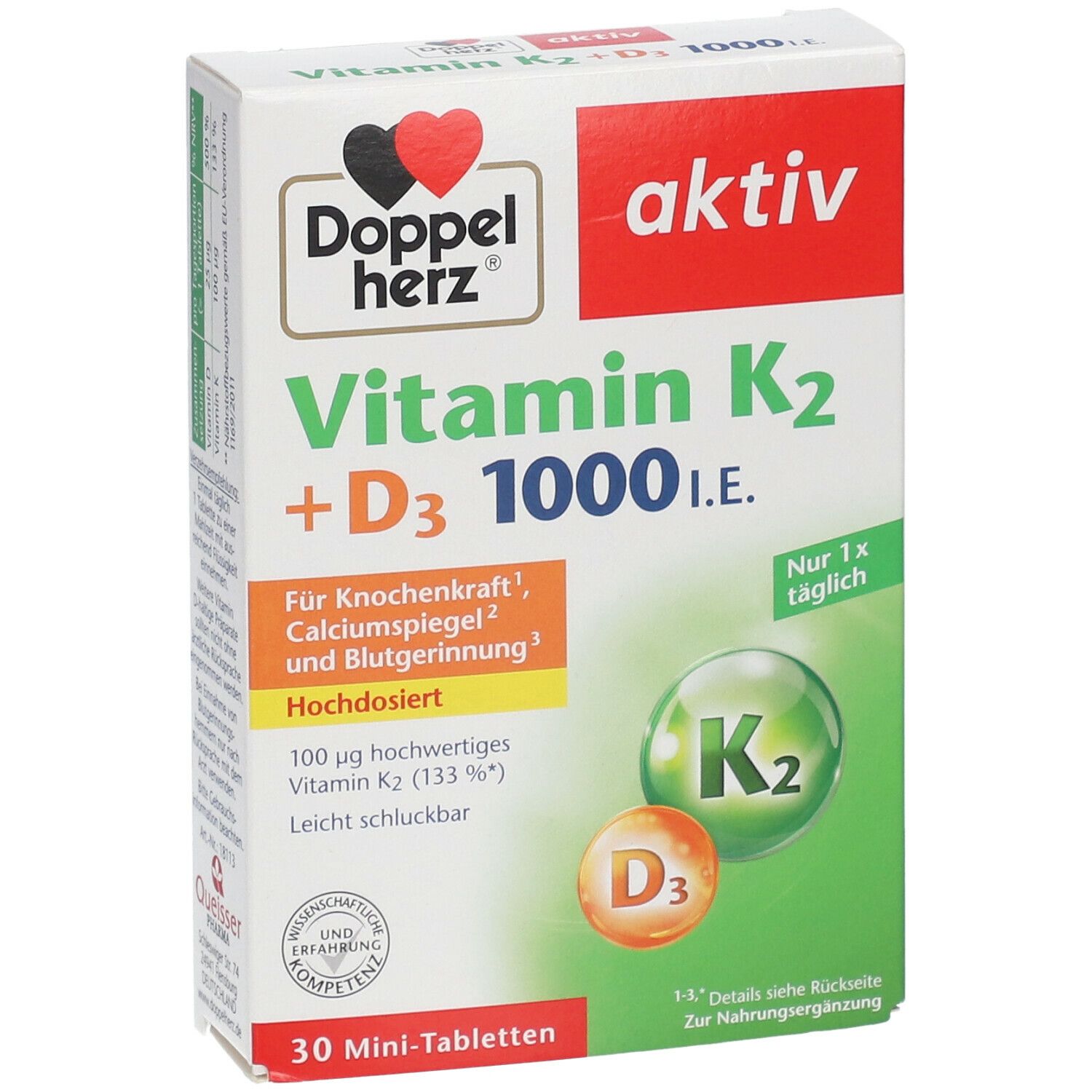 Verpackung von Doppelherz aktiv Vitamin K2 + D3 1000 I.E. mit Produktinformationen. 30 Mini-Tabletten.