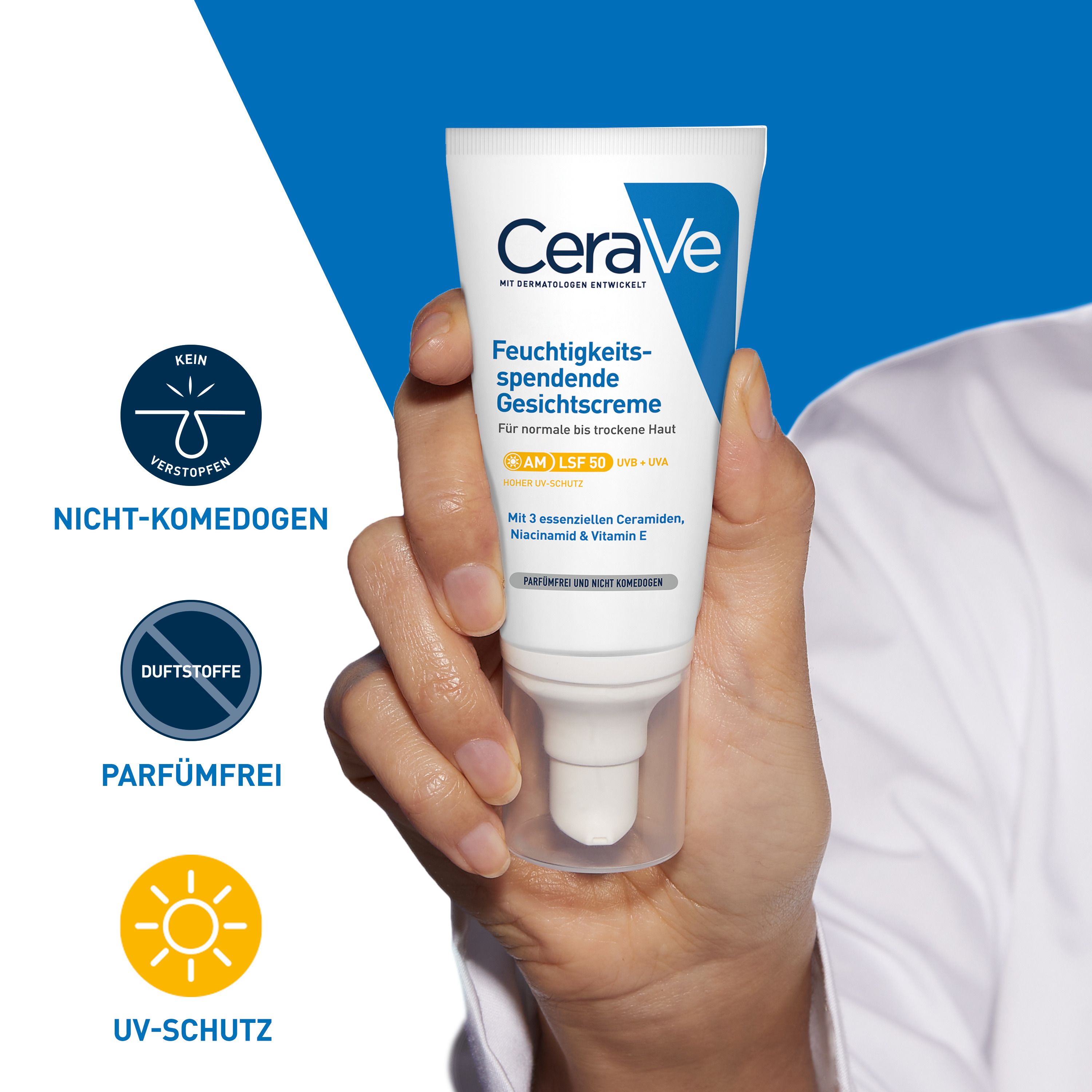 CeraVe Feuchtigkeitsspendende Gesichtscreme mit LSF 50 – für normale bis trockene Haut + GRATIS Beigabe CeraVe Schäumendes Reinigungsgel Mini