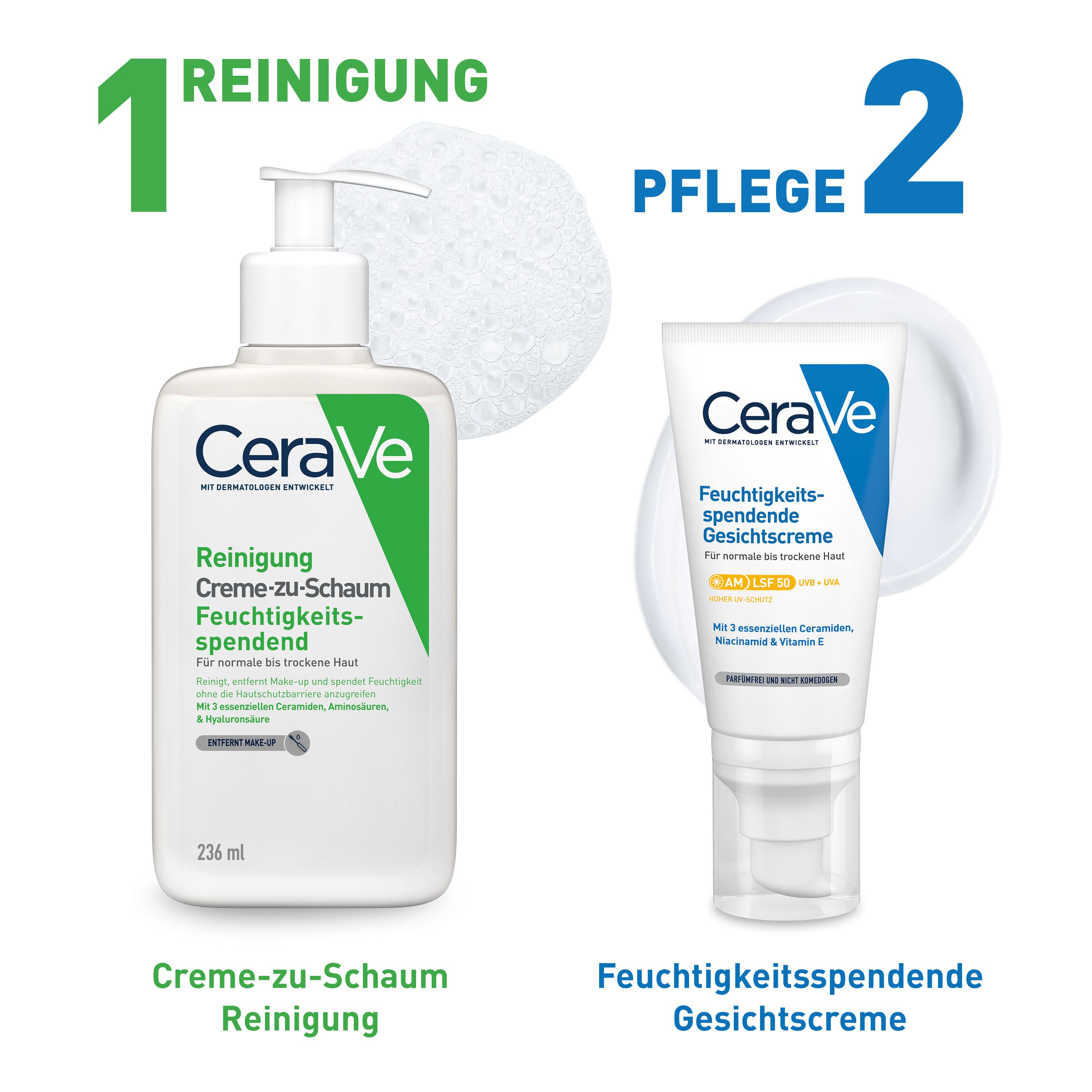 CeraVe Feuchtigkeitsspendende Gesichtscreme mit LSF 50 – für normale bis trockene Haut + GRATIS Beigabe CeraVe Schäumendes Reinigungsgel Mini