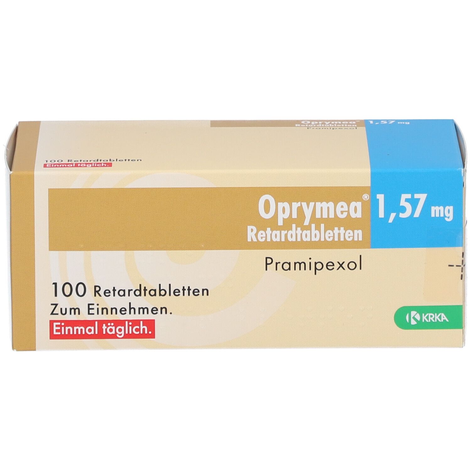 Verpackung von OPRYMEA 1,57 mg Retardtabletten. Enthält 100 Tabletten. Aufschrift: Pramipexol.