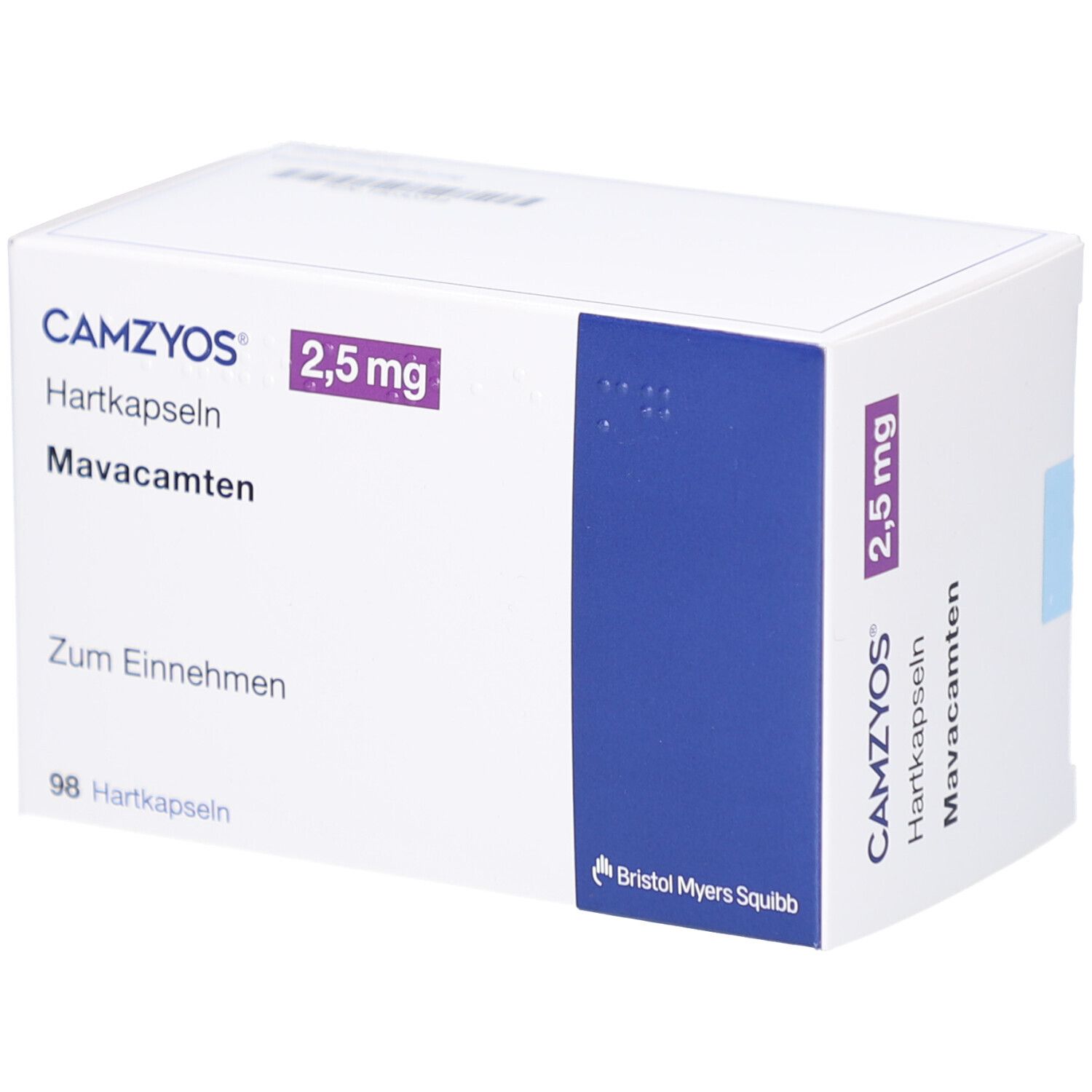 Weißer Karton mit CAMZYOS 2,5 mg Hartkapseln. Aufschrift: Mavacamten, Zum Einnehmen, 98 Hartkapseln. Logo Bristol Myers Squibb.