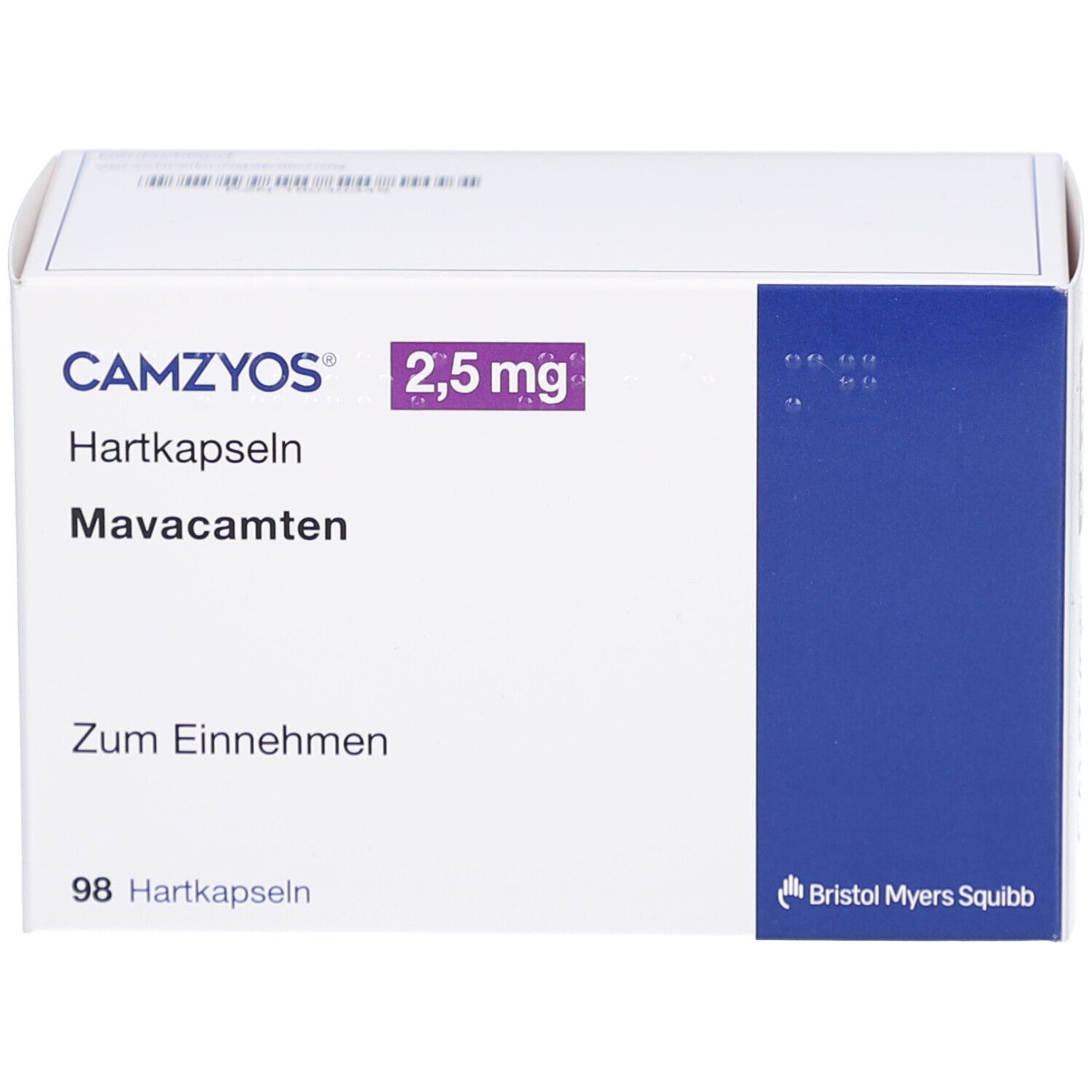 Weißer Karton mit CAMZYOS 2,5 mg Hartkapseln. Aufschrift: Mavacamten, Zum Einnehmen, 98 Hartkapseln. Logo Bristol Myers Squibb.