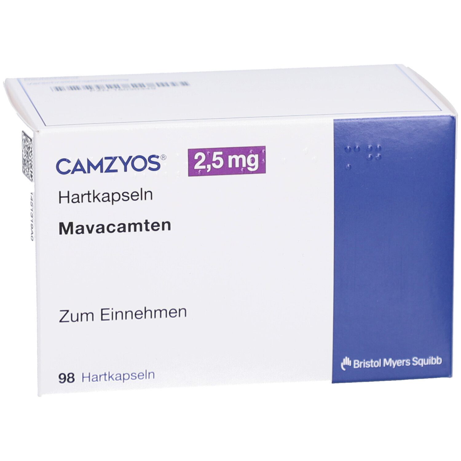 Weißer Karton mit CAMZYOS 2,5 mg Hartkapseln. Aufschrift: Mavacamten, Zum Einnehmen, 98 Hartkapseln. Logo Bristol Myers Squibb.