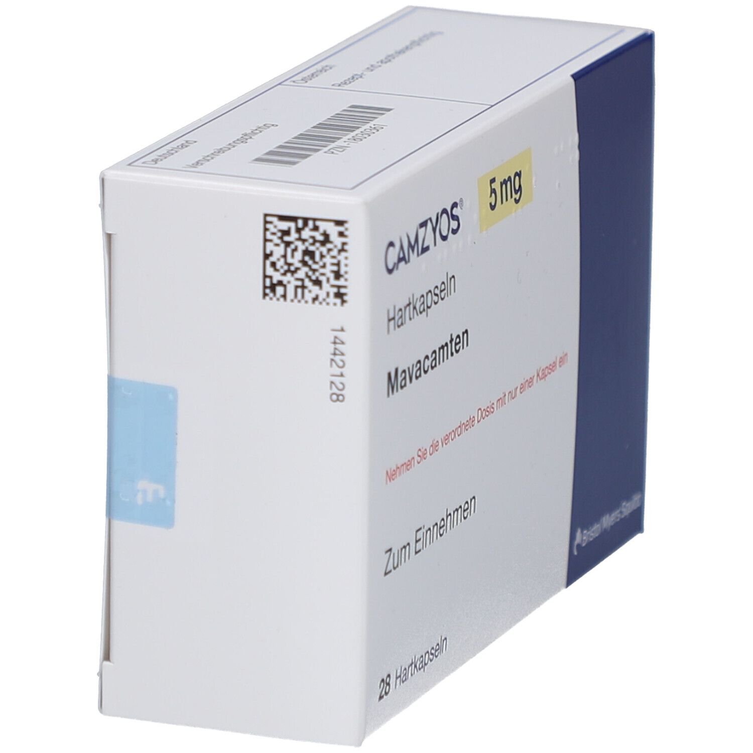 Schachtel CAMZYOS 5 mg Hartkapseln. Seitenansicht. Blaue und gelbe Akzente. Barcode und andere Kennzeichnungen.