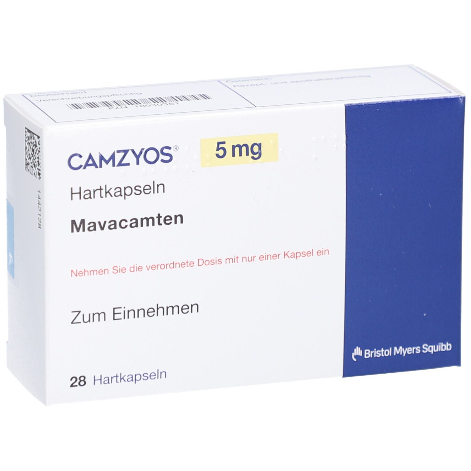 Schachtel CAMZYOS 5 mg Hartkapseln. Aufschrift: Mavacamten, 28 Hartkapseln. Blaue und gelbe Akzente. Bristol Myers Squibb Logo.