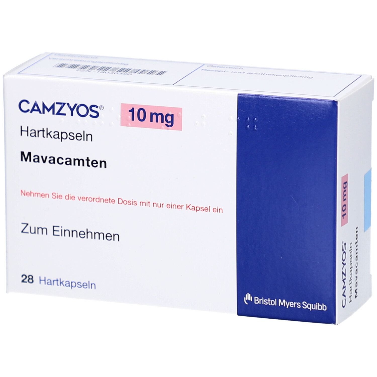 Weiße Schachtel mit CAMZYOS 10 mg Hartkapseln. Aufdruck: Mavacamten, Zum Einnehmen, 28 Hartkapseln. Logo Bristol Myers Squibb.
