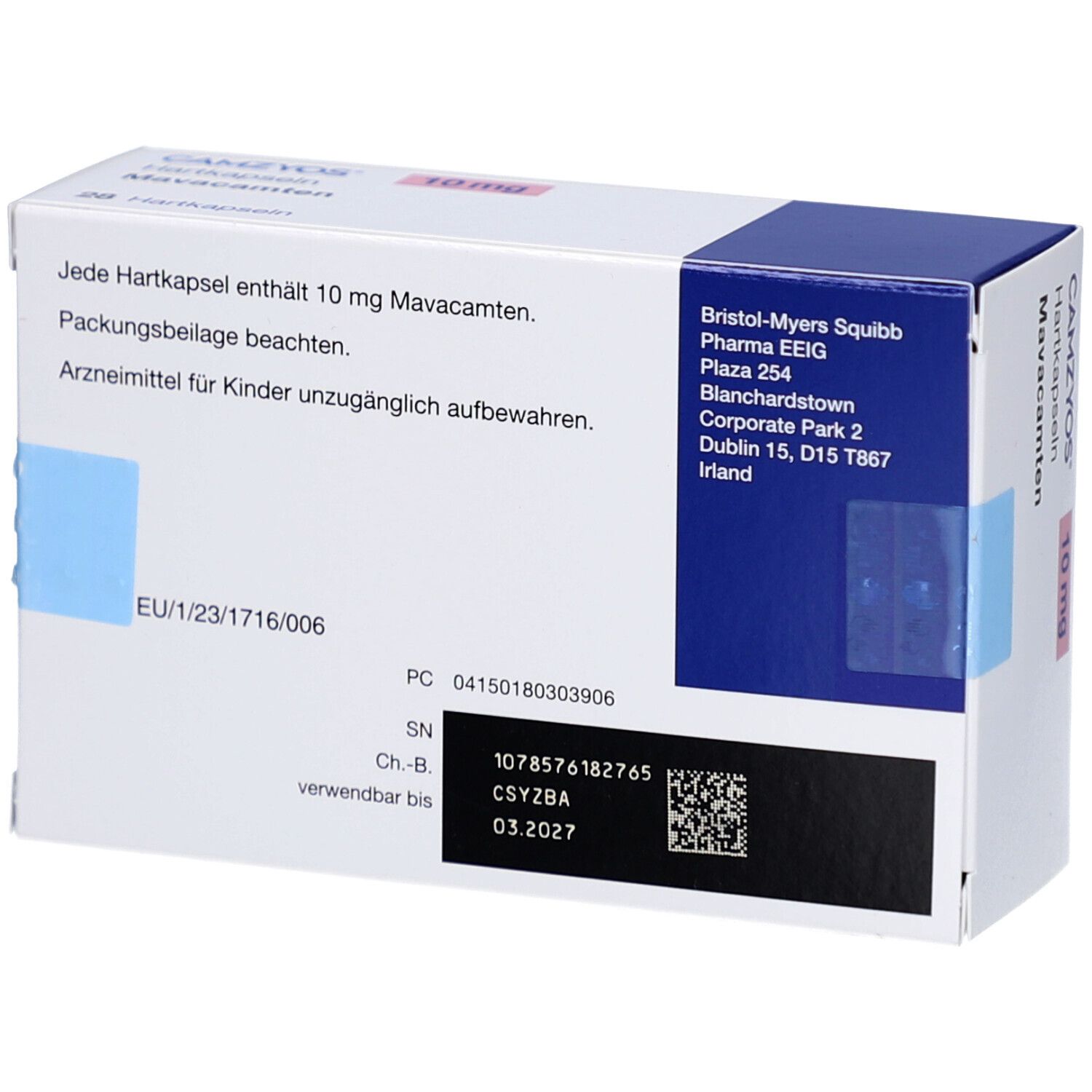 Rückseite der weißen Schachtel mit CAMZYOS 10 mg Hartkapseln. Text: Mavacamten, EU-Nummer, Chargennummer, Verfallsdatum, Herstelleradresse.