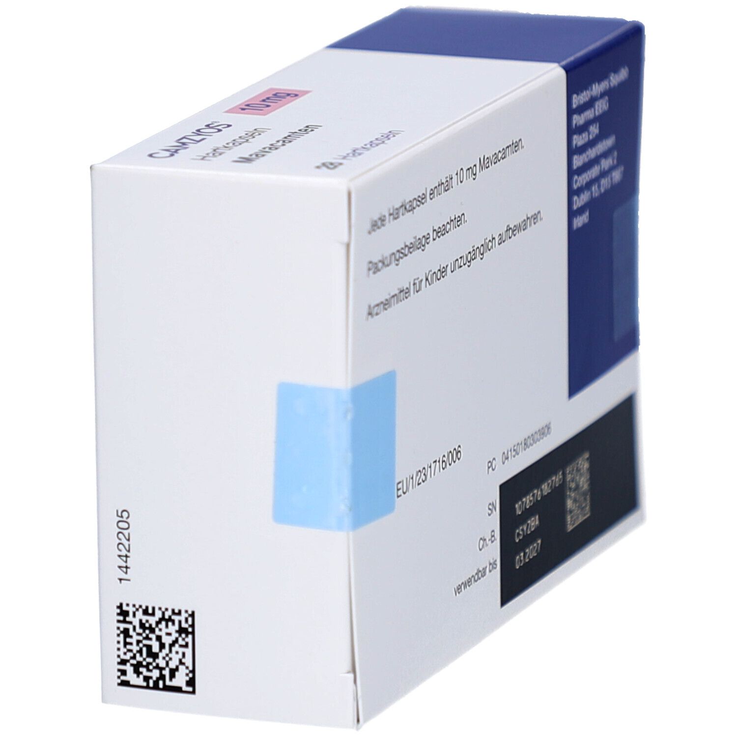 Weiße Schachtel mit CAMZYOS 10 mg Hartkapseln. Blaue Fläche und Barcode auf der Seite. Weitere Informationen.