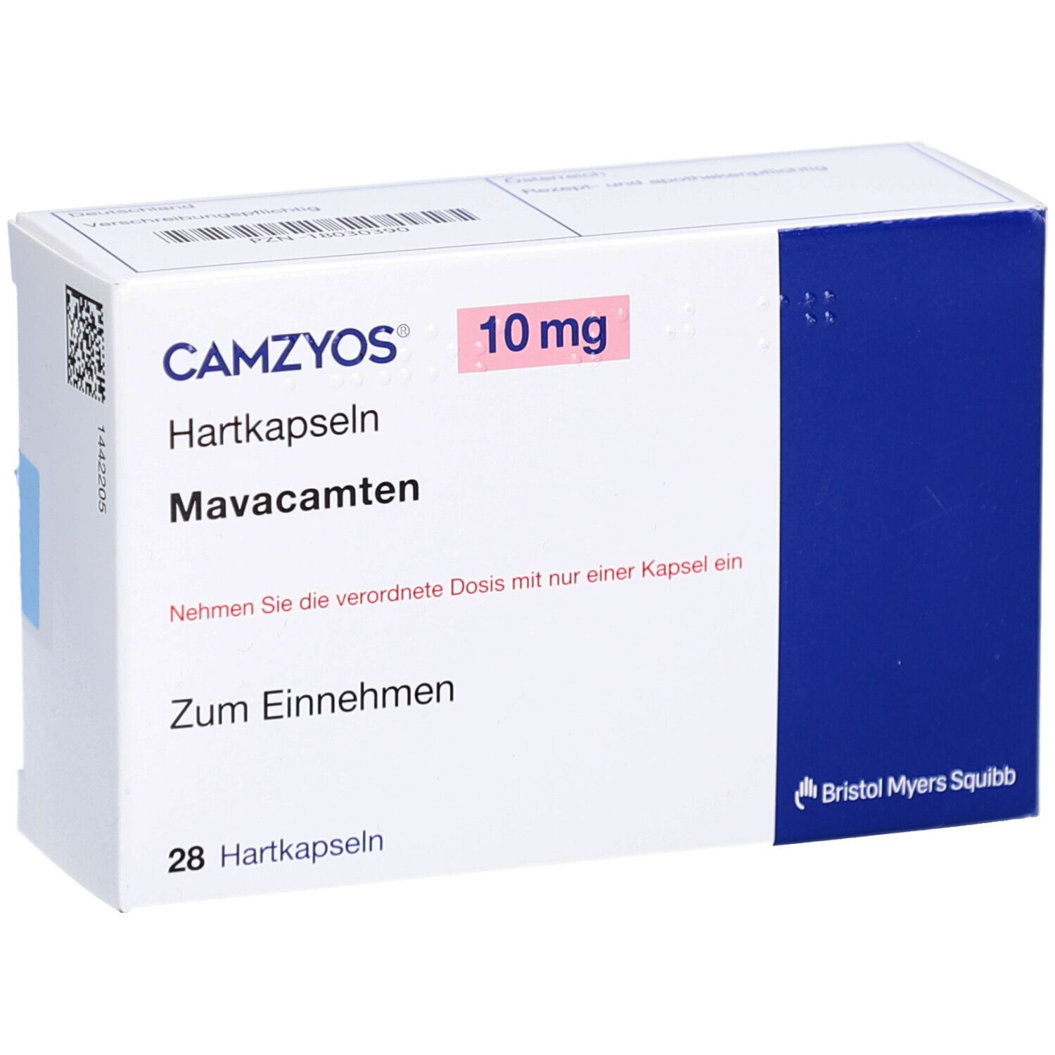 Weiße Schachtel mit CAMZYOS 10 mg Hartkapseln. Aufdruck: Mavacamten, Zum Einnehmen, 28 Hartkapseln. Logo Bristol Myers Squibb.