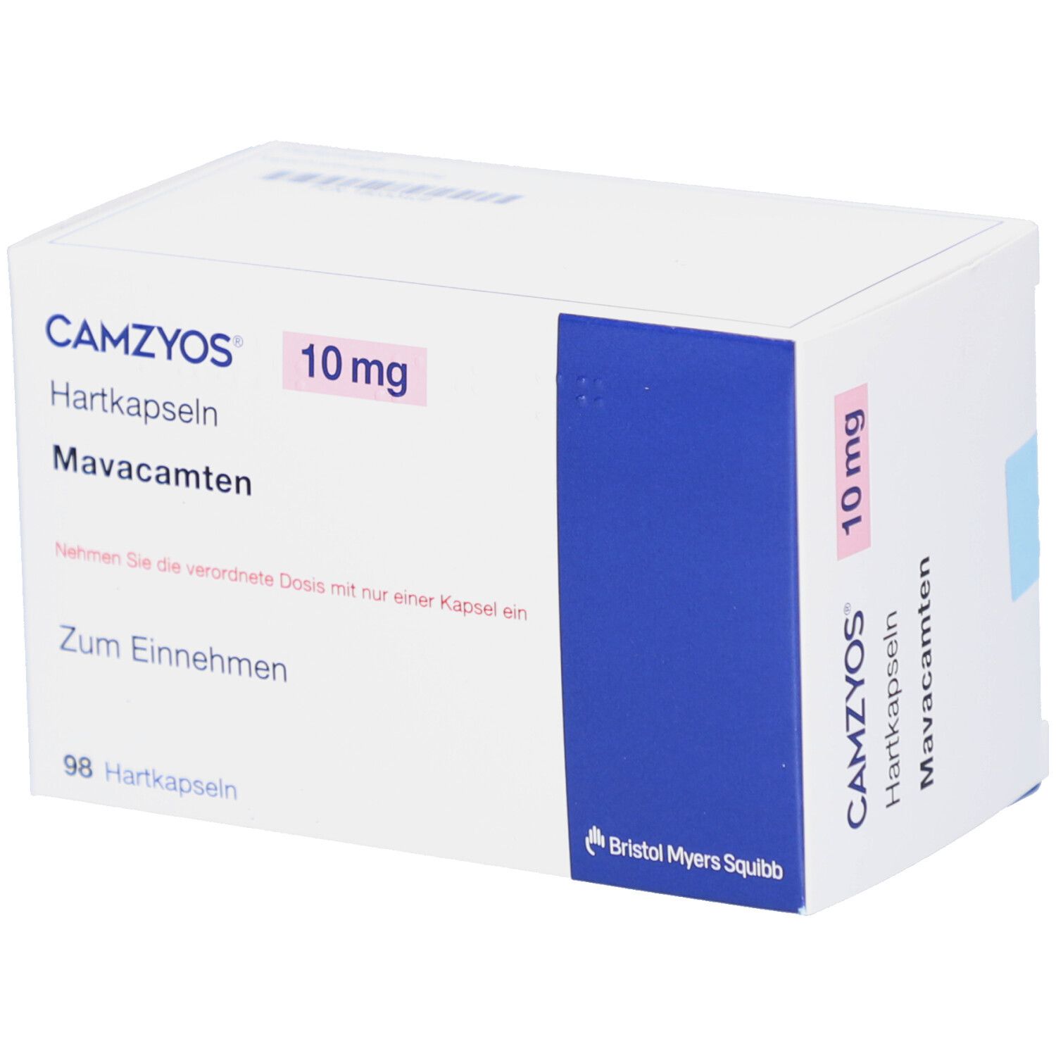 Weiße Schachtel mit CAMZYOS 10 mg Hartkapseln. Blaue Akzentfläche. Text: Mavacamten, Zum Einnehmen, 98 Hartkapseln. Logo Bristol Myers Squibb.