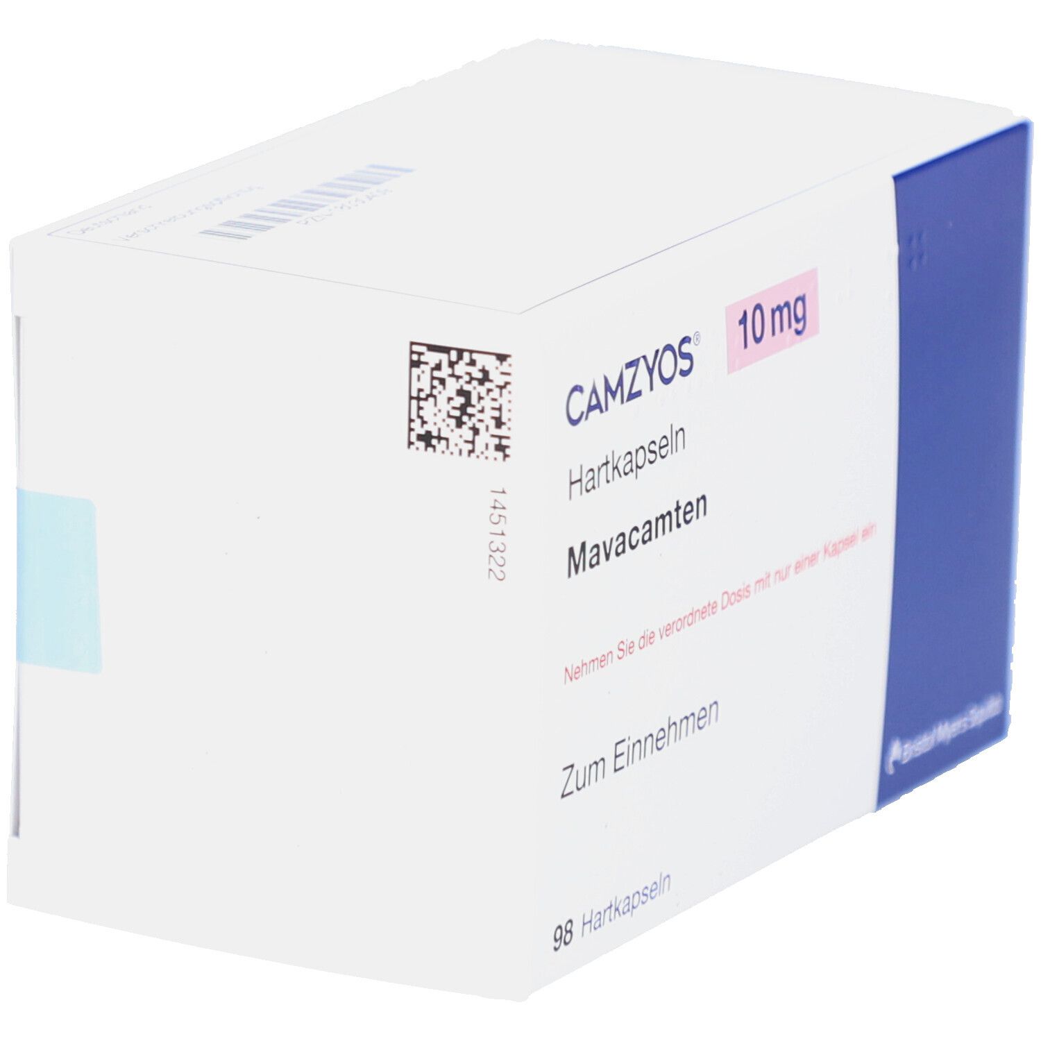 Weiße Schachtel mit CAMZYOS 10 mg Hartkapseln. Blaue Akzentfläche. Text: Mavacamten, Zum Einnehmen, 98 Hartkapseln. Barcode.