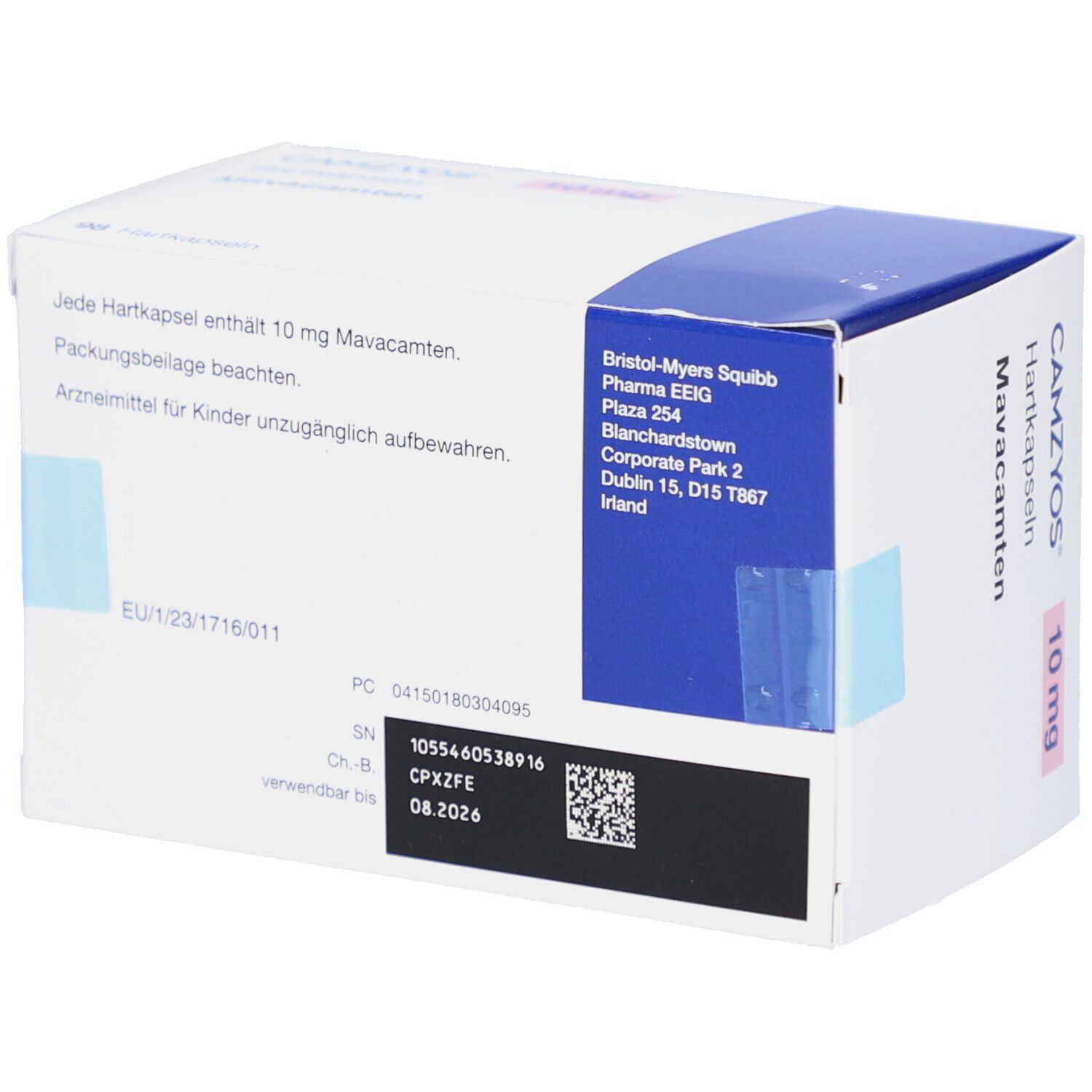Rückseite der weißen Schachtel mit CAMZYOS. Blaue Akzentfläche. Text: 10 mg Mavacamten. Herstelleradresse. Barcode und Verfallsdatum.