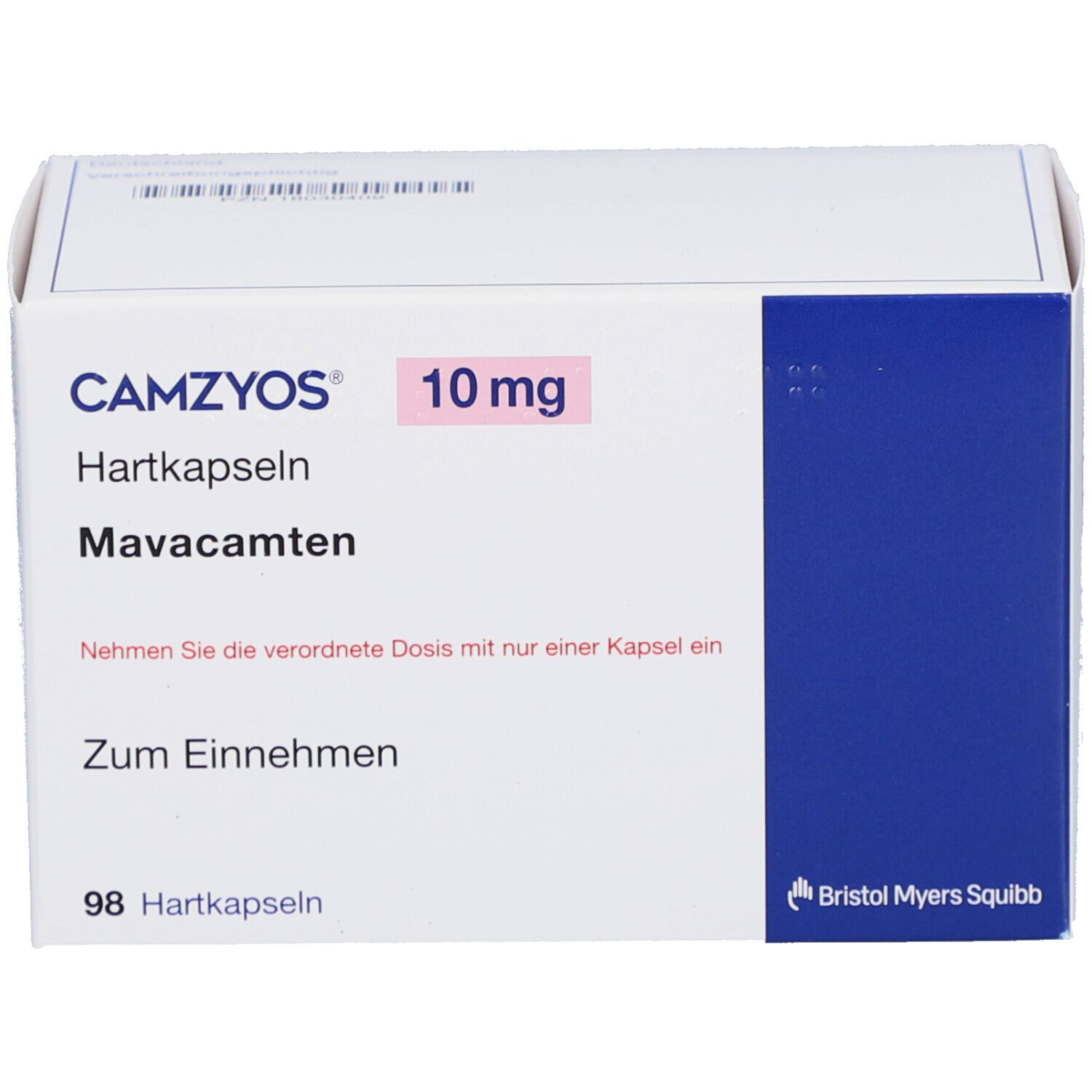 Weiße Schachtel mit CAMZYOS 10 mg Hartkapseln. Blaue Akzentfläche. Text: Mavacamten, Zum Einnehmen, 98 Hartkapseln. Logo Bristol Myers Squibb.