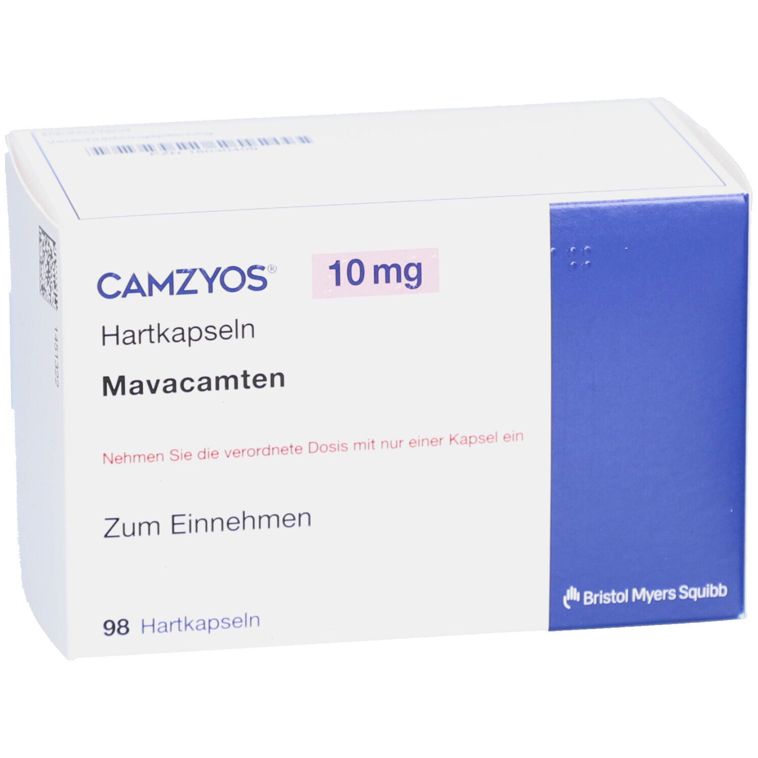 Weiße Schachtel mit CAMZYOS 10 mg Hartkapseln. Blaue Akzentfläche. Text: Mavacamten, Zum Einnehmen, 98 Hartkapseln. Logo Bristol Myers Squibb.