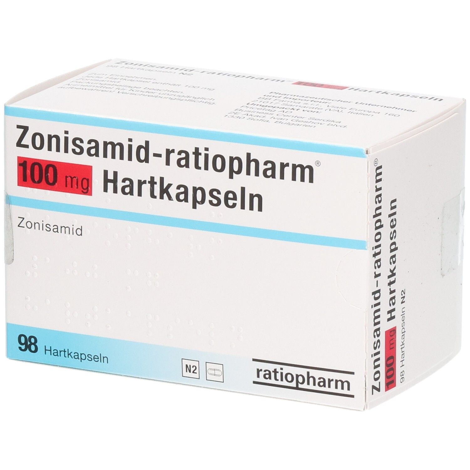 Weißer Karton mit roter und blauer Schrift. Aufschrift: Zonisamid-ratiopharm 100 mg Hartkapseln. 98 Hartkapseln.