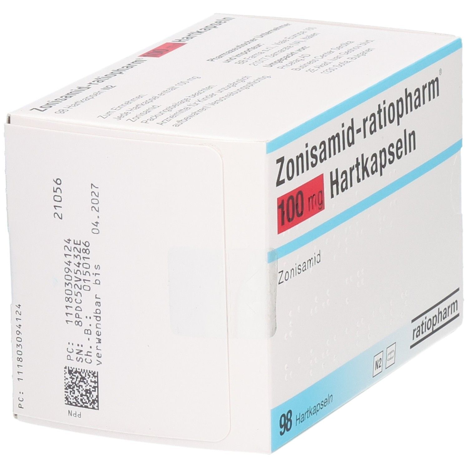 Weißer Karton mit roter und blauer Schrift. Aufschrift: Zonisamid-ratiopharm 100 mg Hartkapseln. 98 Hartkapseln. Mit Barcode.