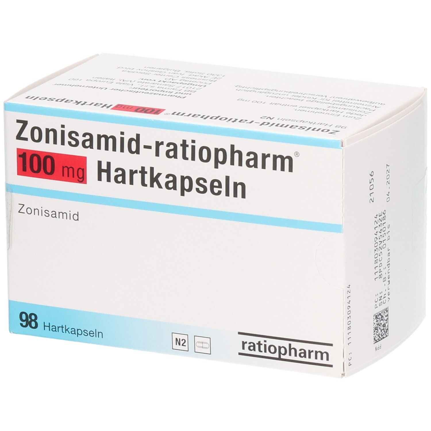 Weißer Karton mit roter und blauer Schrift. Aufschrift: Zonisamid-ratiopharm 100 mg Hartkapseln. 98 Hartkapseln. Mit Barcode.