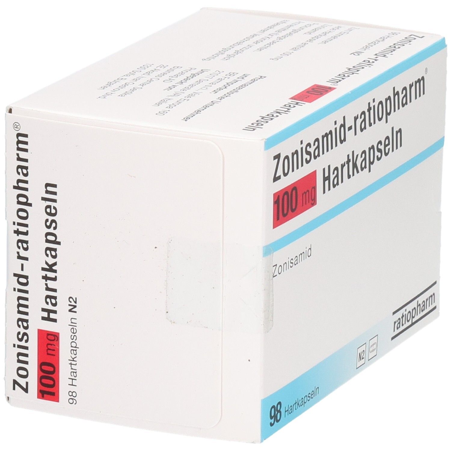Weißer Karton mit roter und blauer Schrift. Aufschrift: Zonisamid-ratiopharm 100 mg Hartkapseln. 98 Hartkapseln.