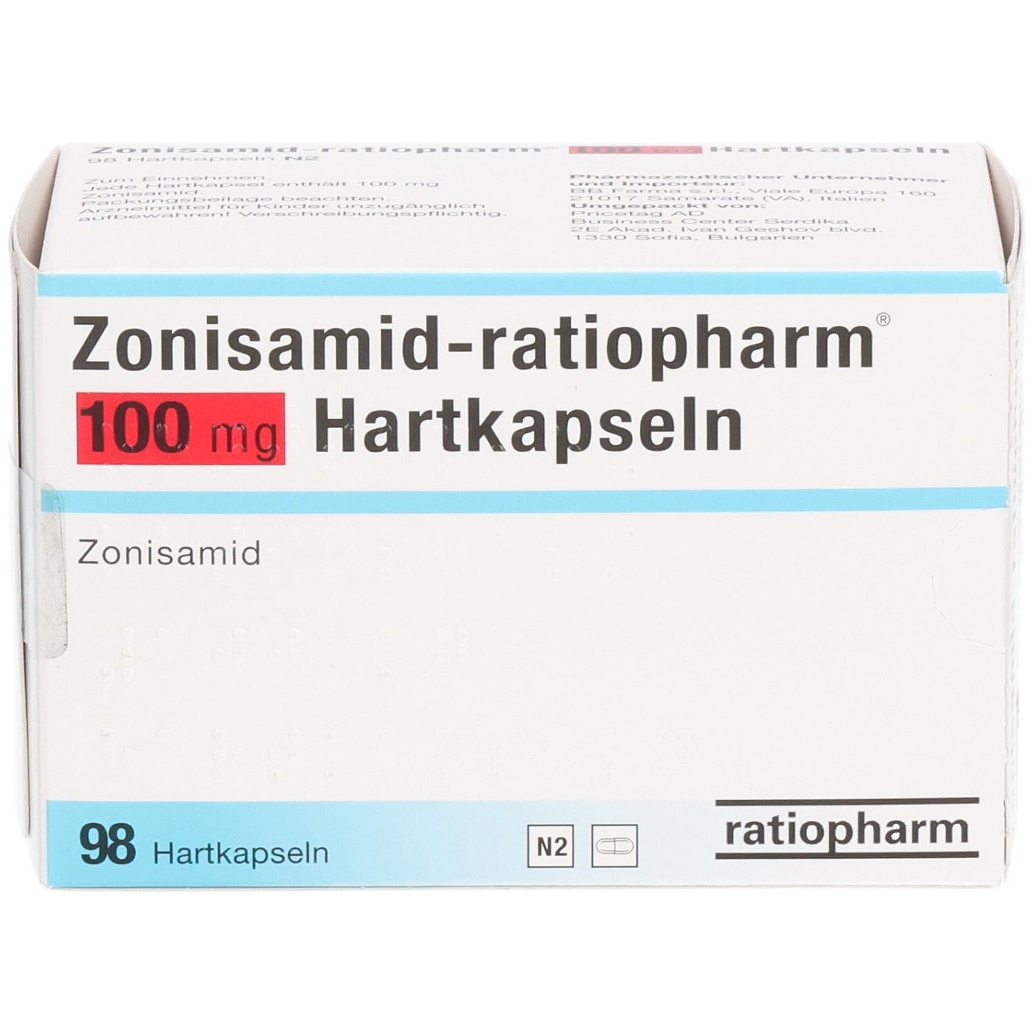 Weißer Karton mit roter und blauer Schrift. Aufschrift: Zonisamid-ratiopharm 100 mg Hartkapseln. 98 Hartkapseln.