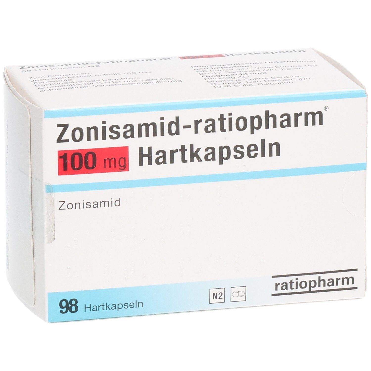 Weißer Karton mit roter und blauer Schrift. Aufschrift: Zonisamid-ratiopharm 100 mg Hartkapseln. 98 Hartkapseln.