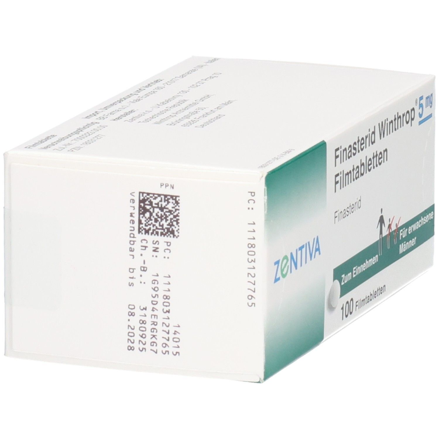 Seitenansicht der Finasterid Winthrop 5 mg Filmtabletten Packung mit Barcode und Verfallsdatum.