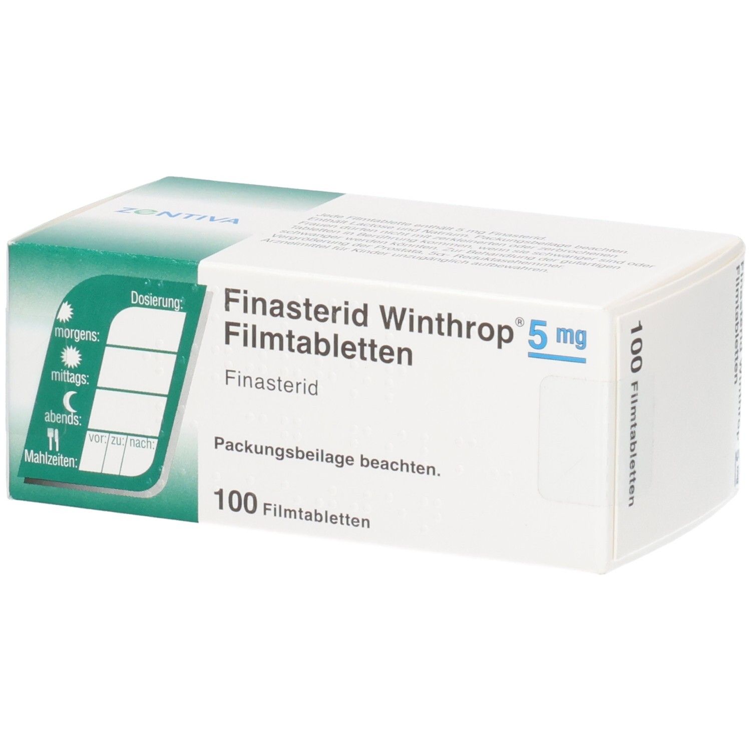 Packung Finasterid Winthrop 5 mg Filmtabletten, 100 Stück, mit Dosierungshinweis.