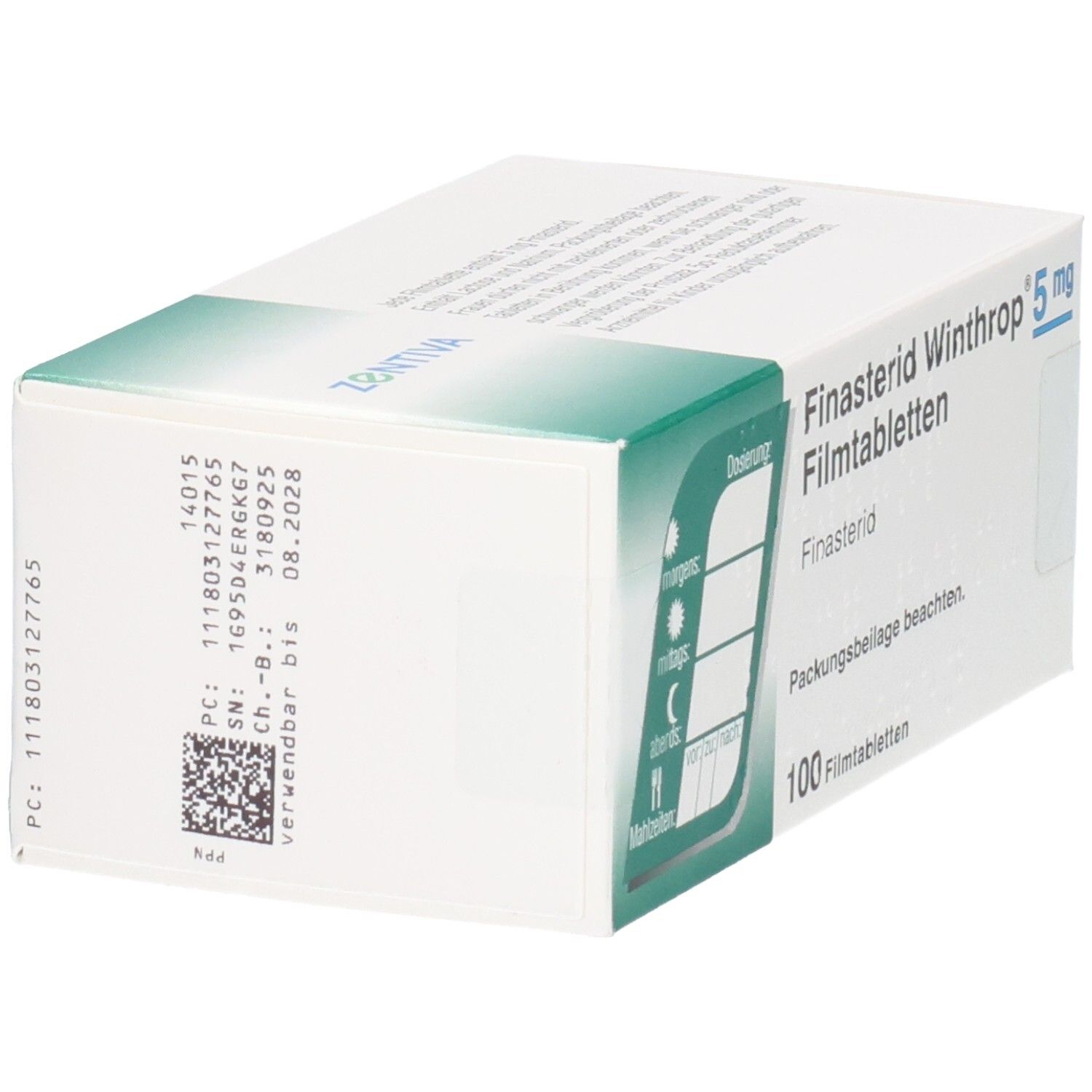 Seitenansicht der Finasterid Winthrop 5 mg Filmtabletten Packung mit Dosierungshinweis und Barcode.