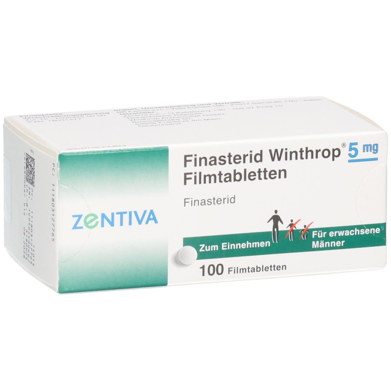 Packung Finasterid Winthrop 5 mg Filmtabletten, 100 Stück, mit Zentiva Logo und Männer-Symbol.